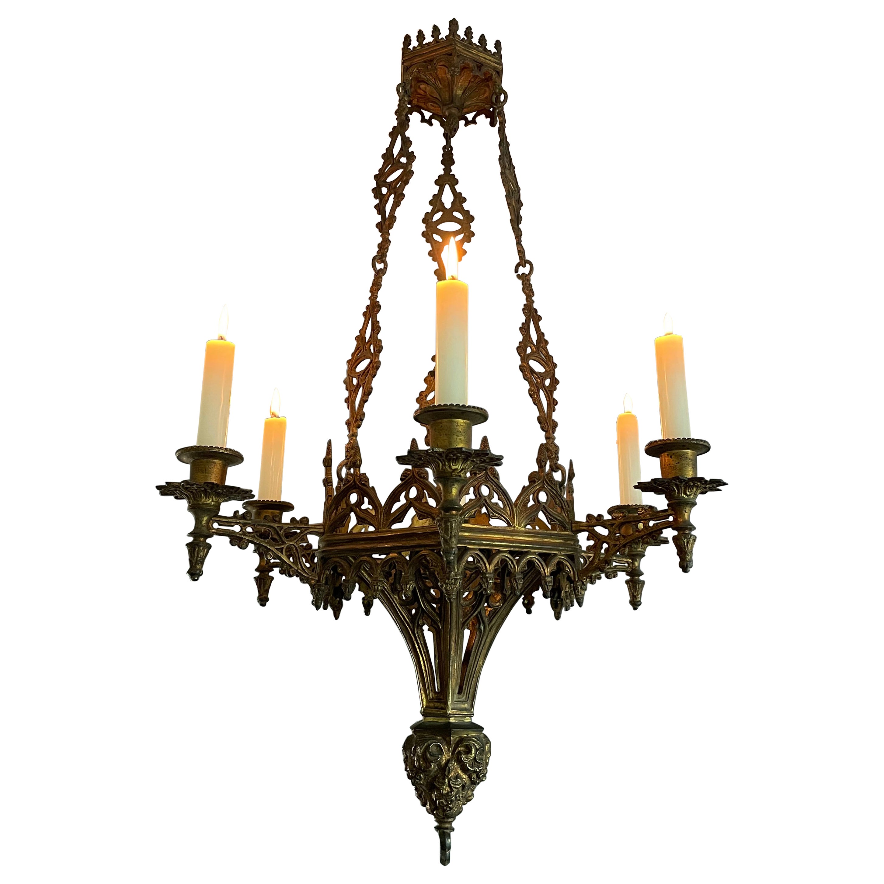 19th Century Antique Gothic Revival, Gilt Bronze Six Candle Church Chandelier