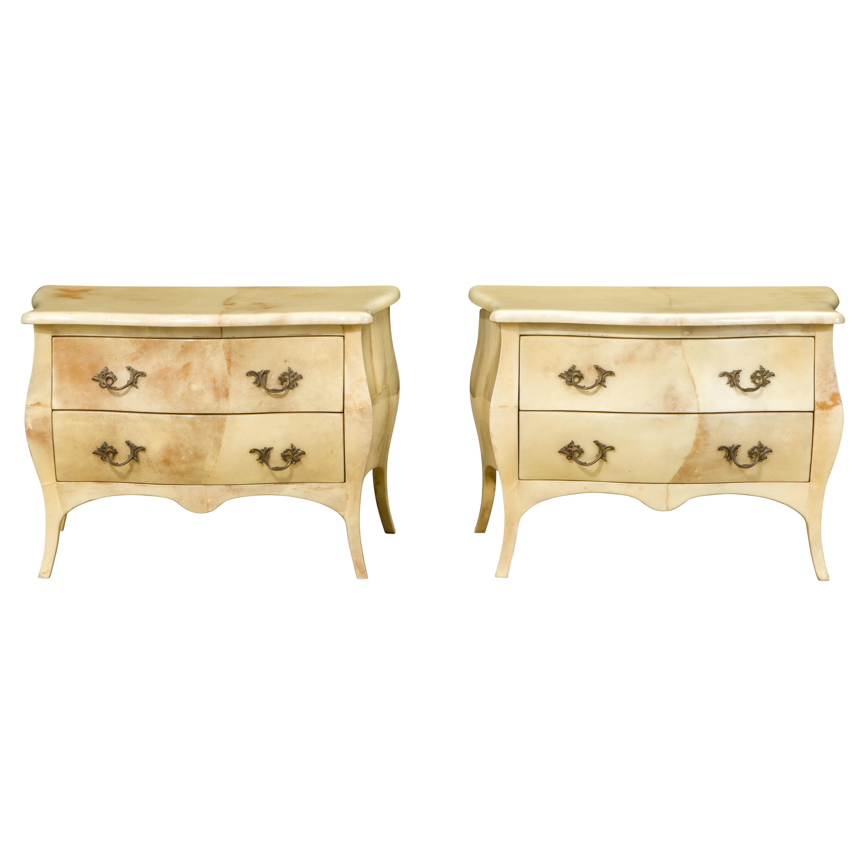 Enrique Garcel Large Lacquered Goatskin and Brass Nightstands, c 1970s, Signed For Sale