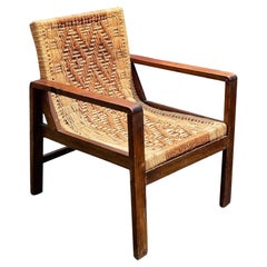 Vintage Sling Lounge Chair in Stained Pine with Woven Rush Seat