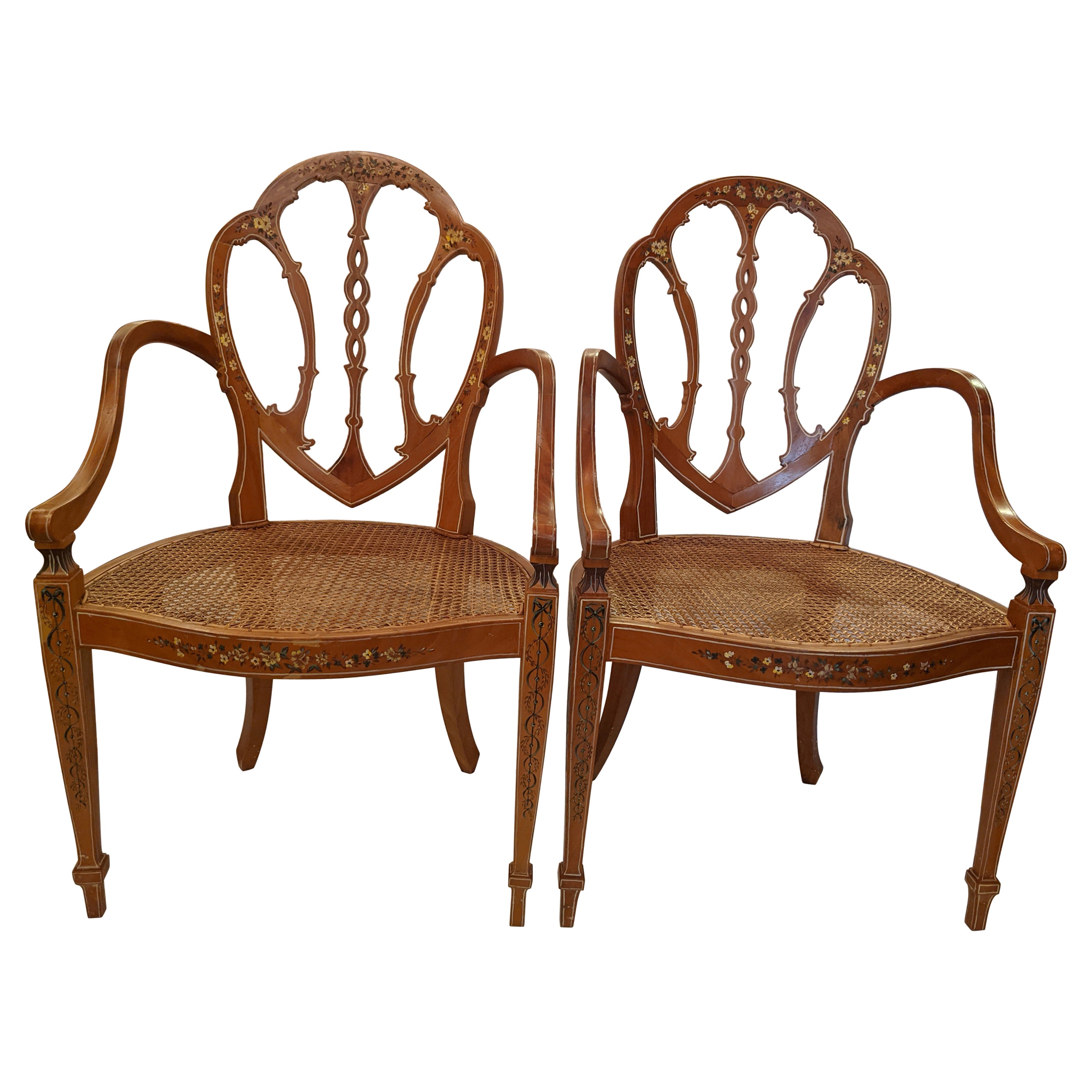 Lovely Adams Style Pair of Armchairs with Caned Seats For Sale