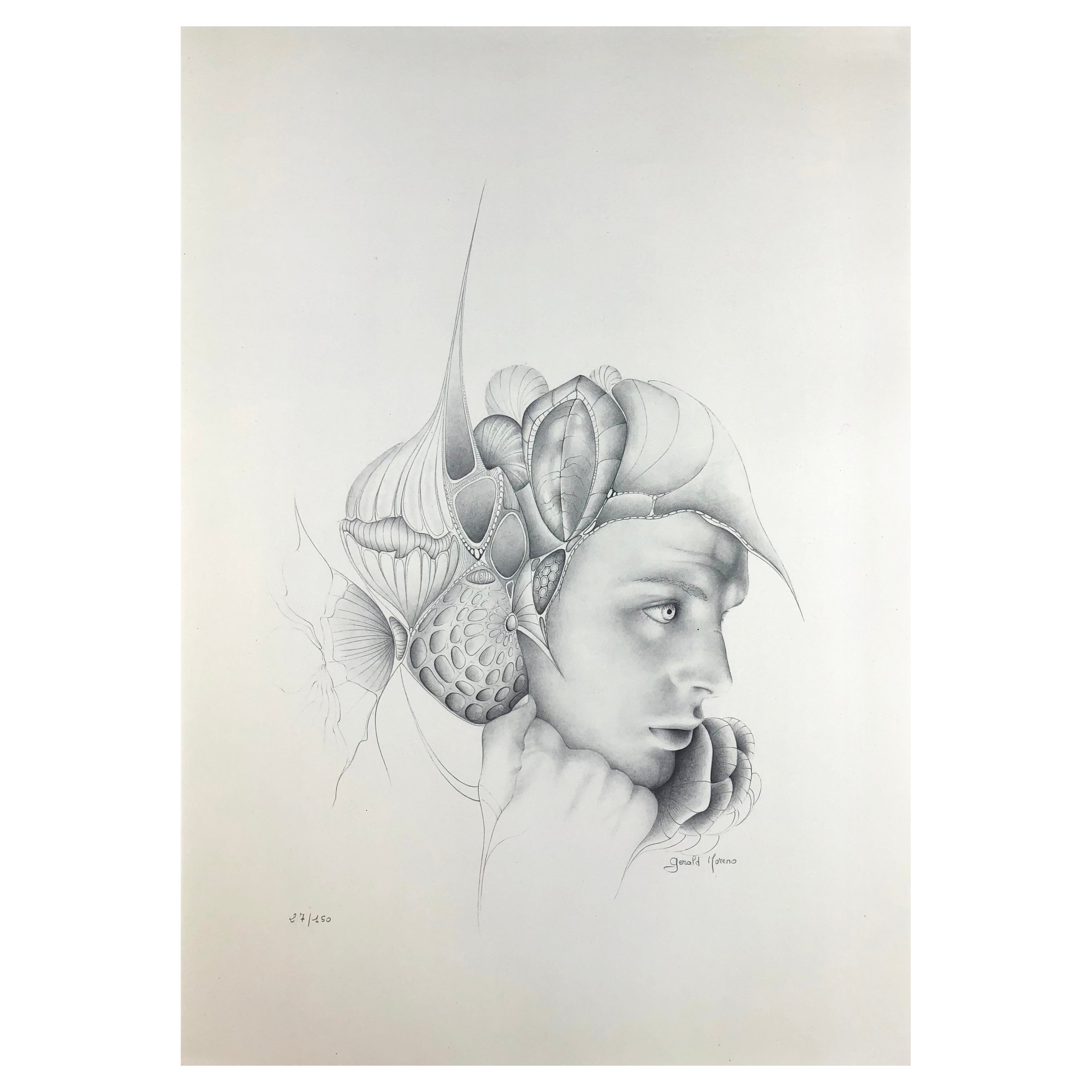 Dibujo surrealista francés inspirado en Dalí, firmado por Gerald Moreno en venta
