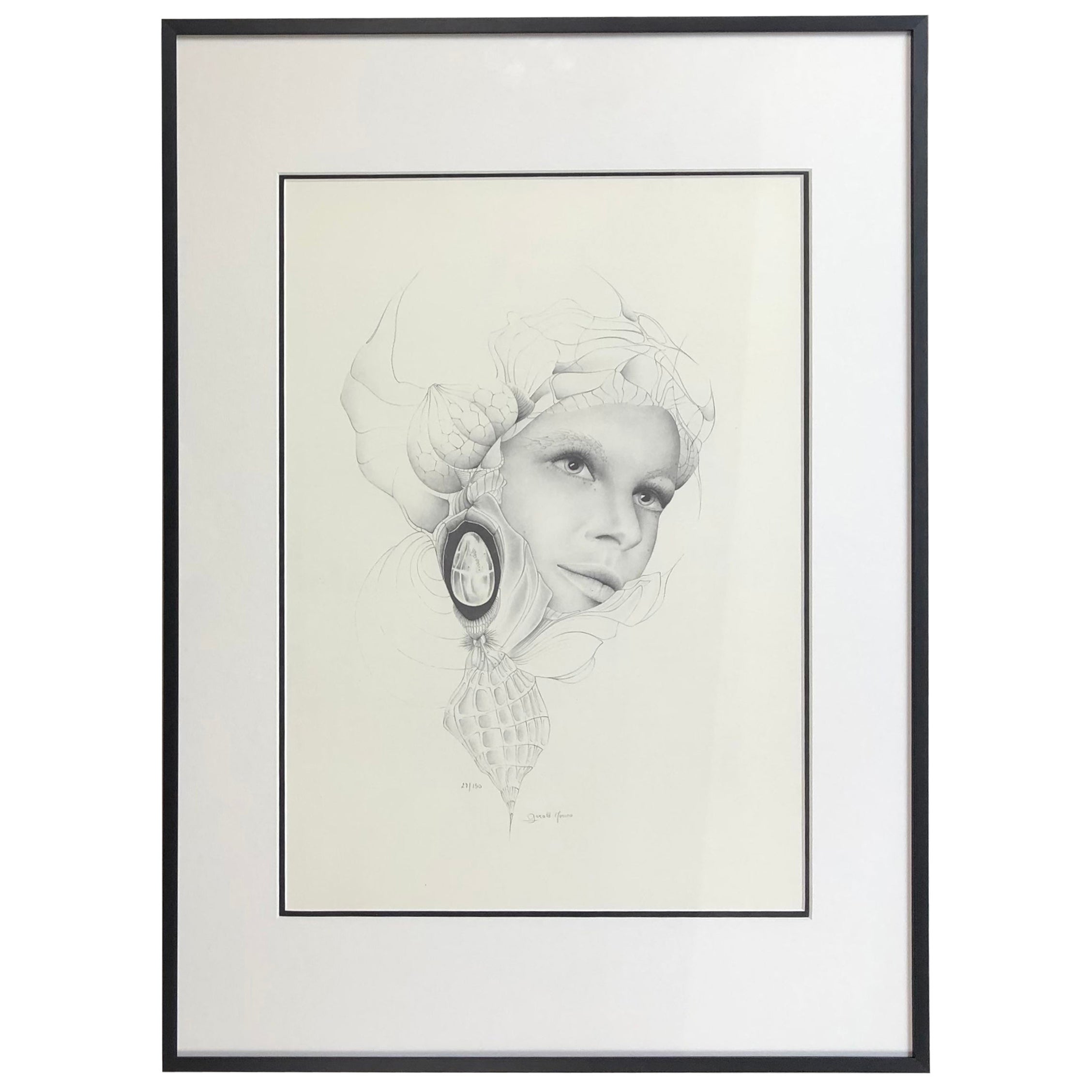 Litografía en blanco y negro surrealista francesa inspirada en Dalí por Gerald Moreno Firmada