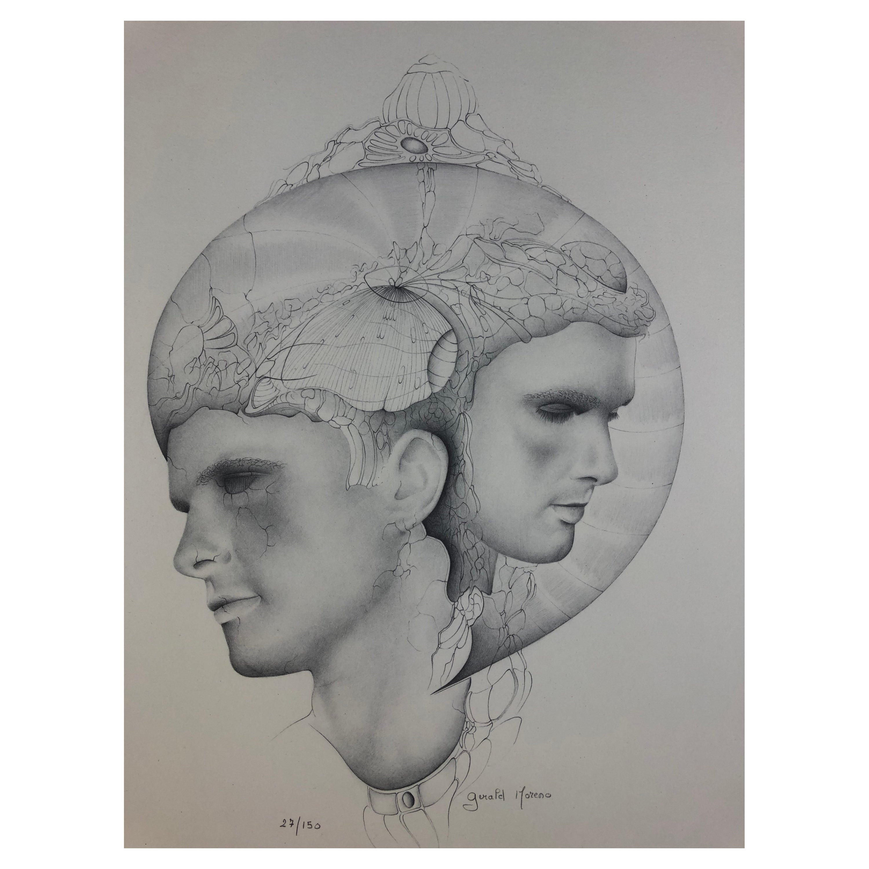 A stunning figurative surrealist work of contemporary art signed by the very talented French artist, Gerald Moreno. 
Moreno's work is often described as 