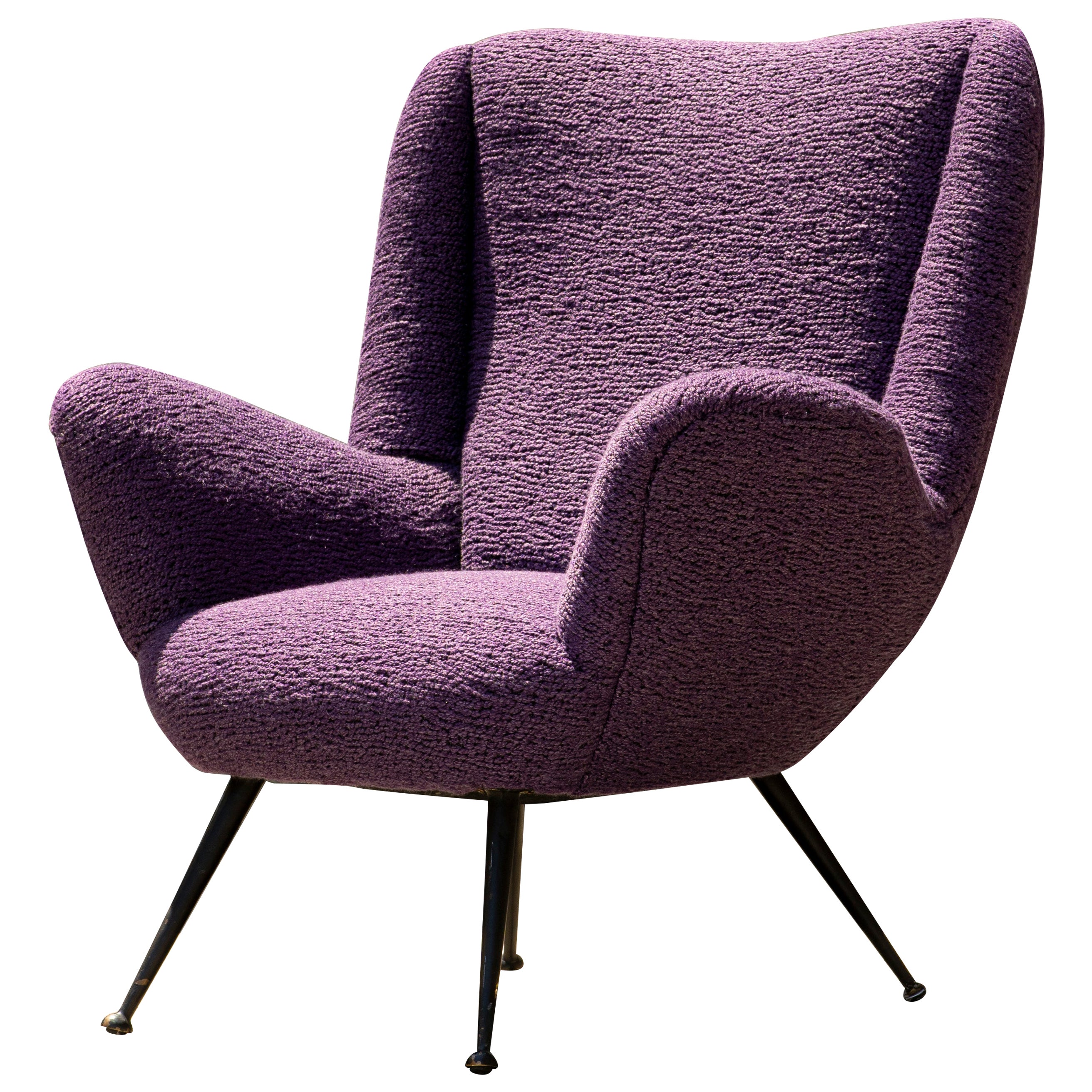 1950s Armchair with Signed Pierre Frey Fabric in Lavender Purple Bouclé For Sale
