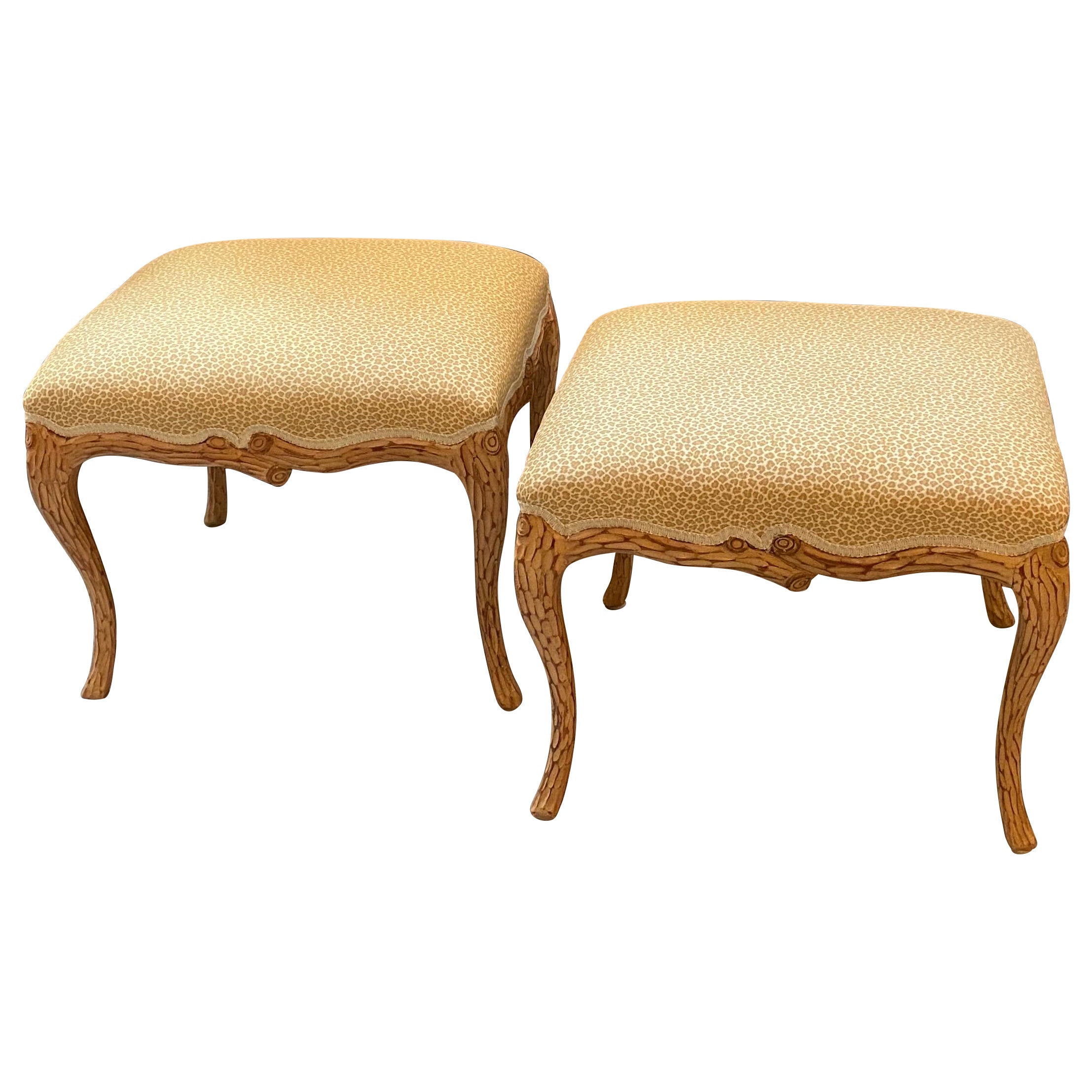 Pair of Italian Hand Carved Faux Bois Ottomans For Sale