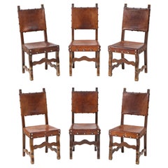 Set of Rustic Leather & Elm Dining Chairs, Spain, 1960's