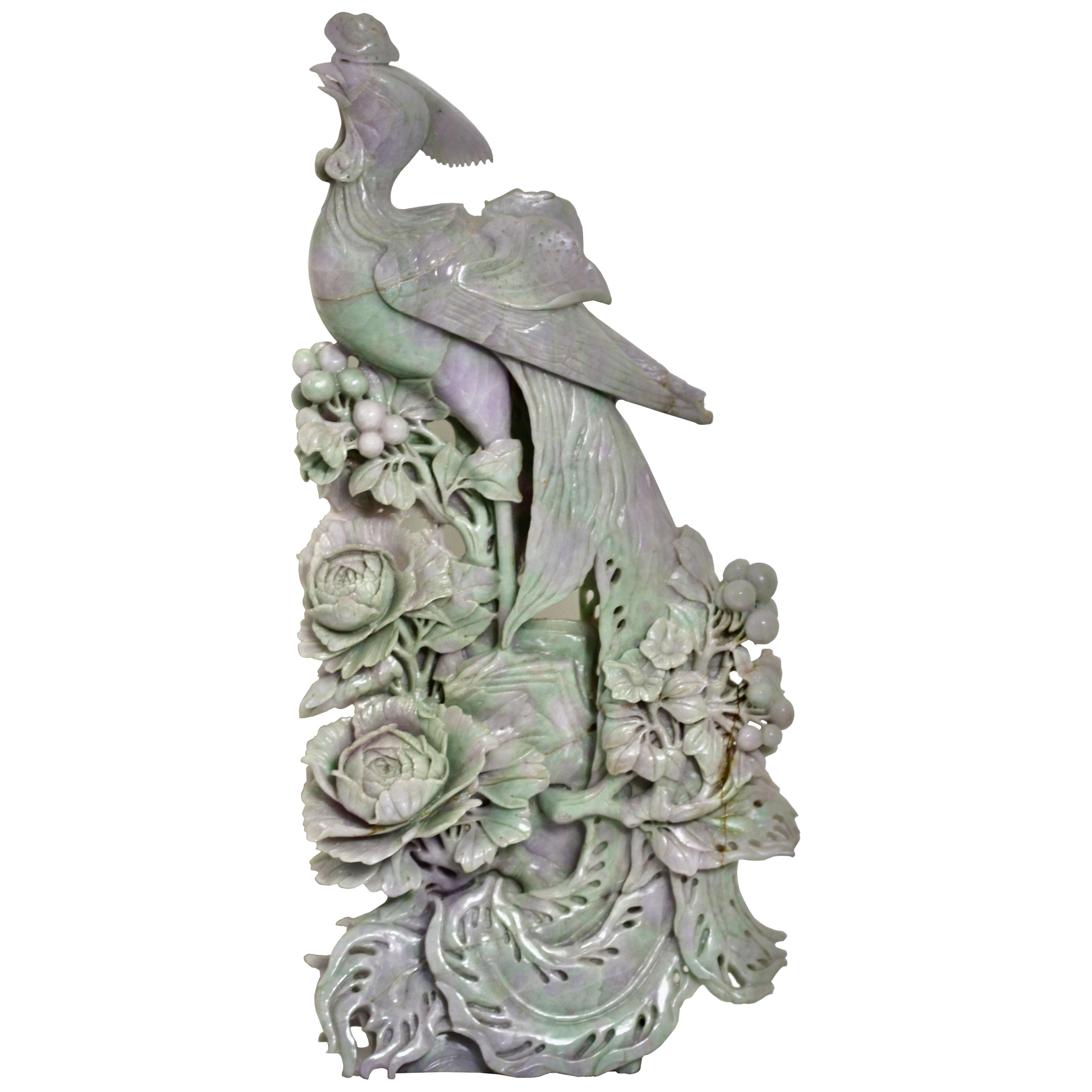 Large Chinese Carved Lavender Jadeite Figure of a "Phoenix" For Sale