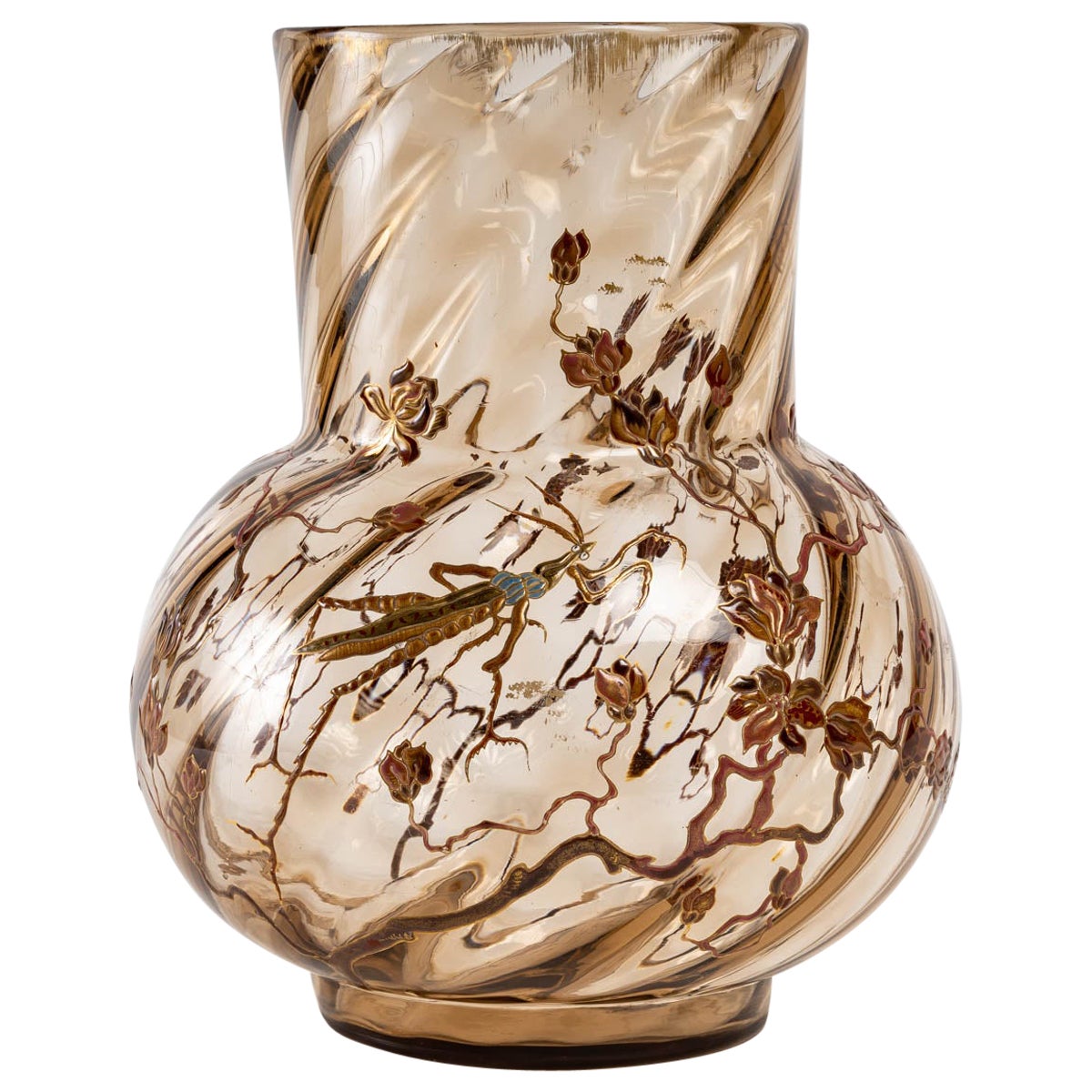 Emile Gallé, Vase Cristallerie Smoked Glass Praying Mantis Among Foliages