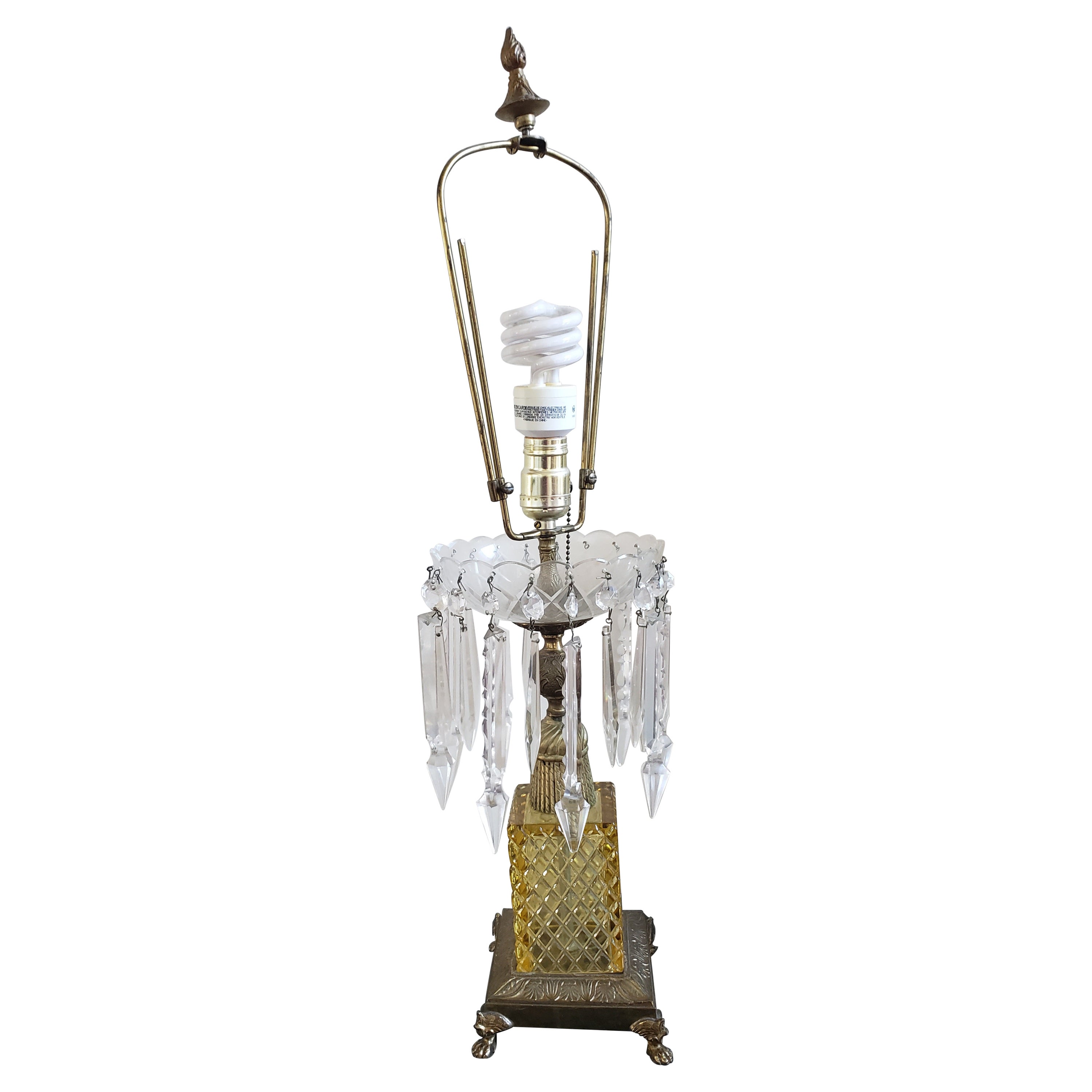 1930s Solid Brass Glass Cut and Lead Crystal Arrow Pendulums Table Lamp For Sale