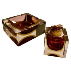 Alessandro Mandruzzato Sommerso Murano Faceted Glass Ashtray and Lighter