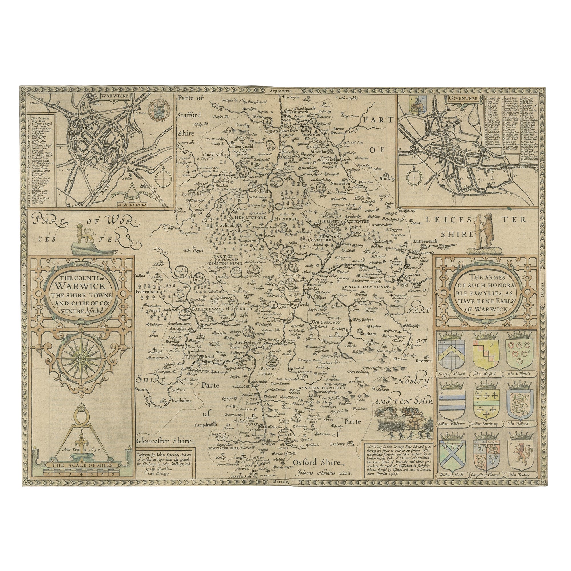 Antike Karte von Warwickshire von Speed, um 1614, antik