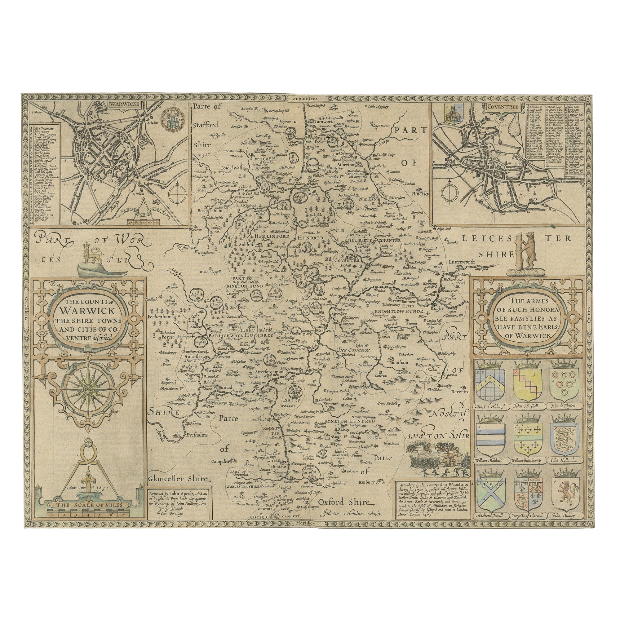 Antique Map of Warwickshire by Speed, c.1614 For Sale