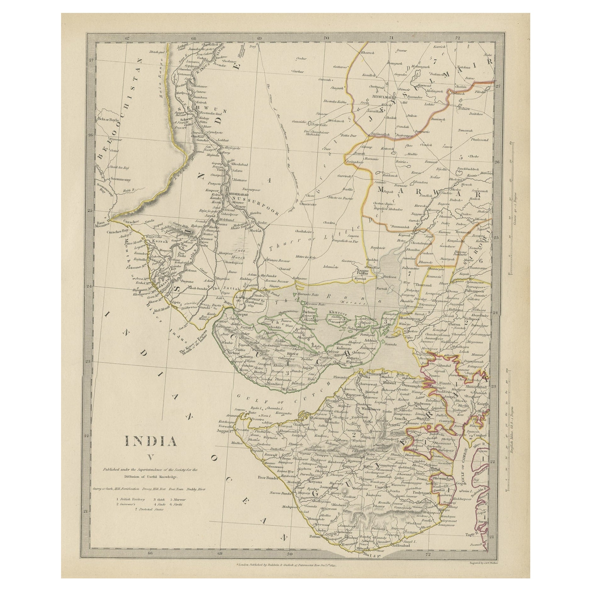 Carte ancienne de la région du Gujarat et coupe en Inde, 1833