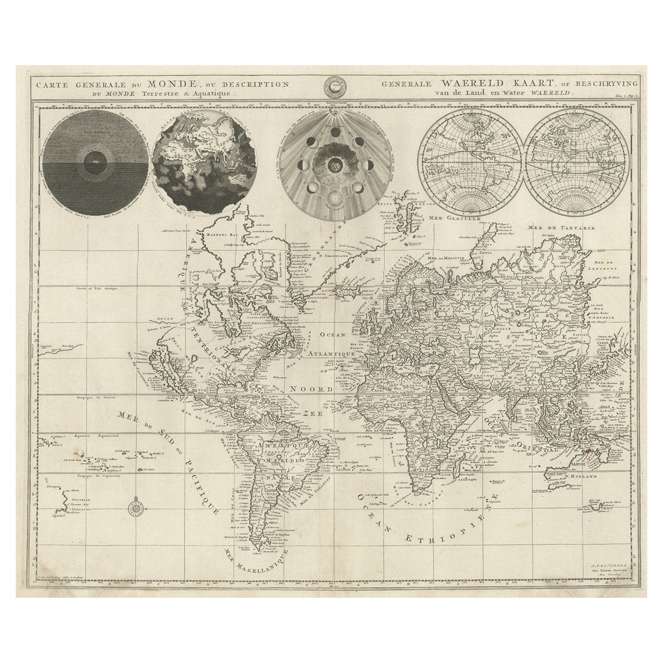 Antico mappamondo dettagliato disegnato sulla proiezione di Mercatore, 1700