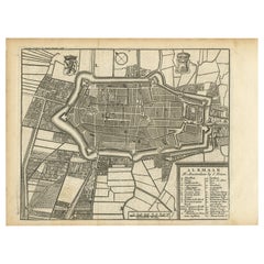 Antike Karte von Alkmaar, Stadt, die für ihren Käsemarkt bekannt ist, Niederlande, um 1740
