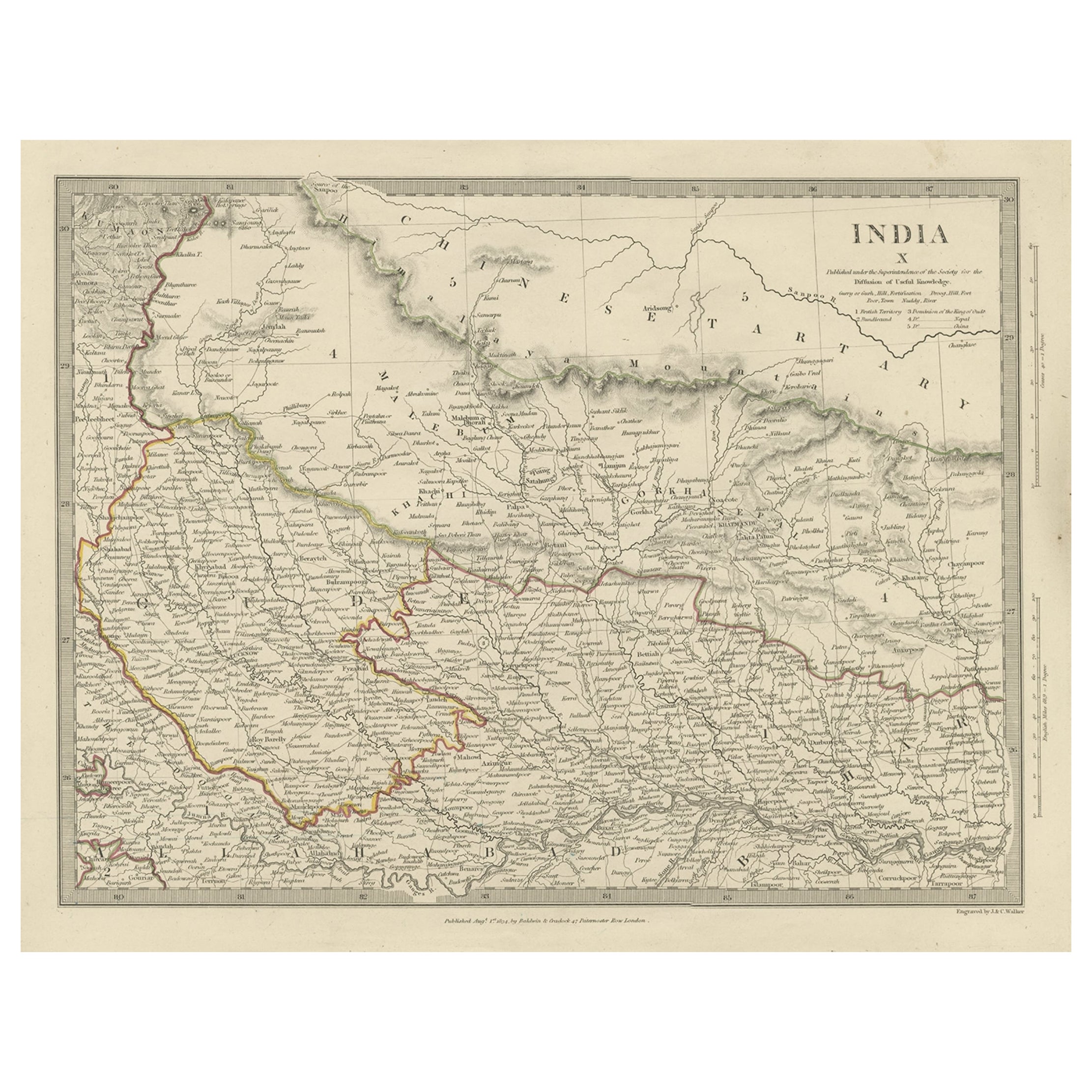 Carte ancienne originale d'une partie de la région de Bahar (Inde), 1834