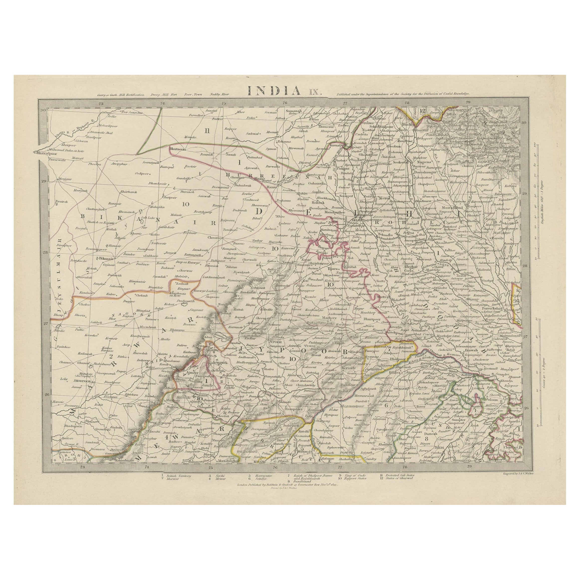 Antique Map of the Region of Delhi in India, 1833 For Sale