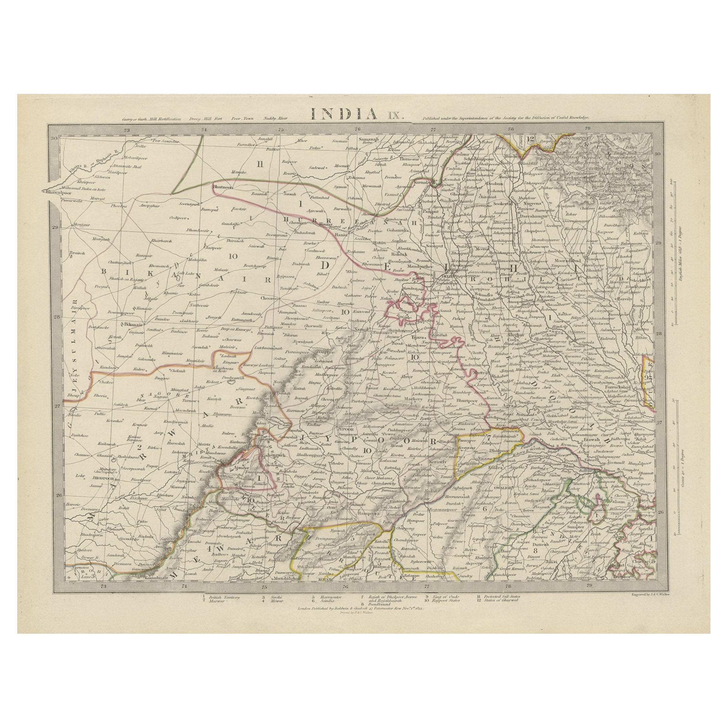 Antique Map of the Region of Delhi in India, 1833