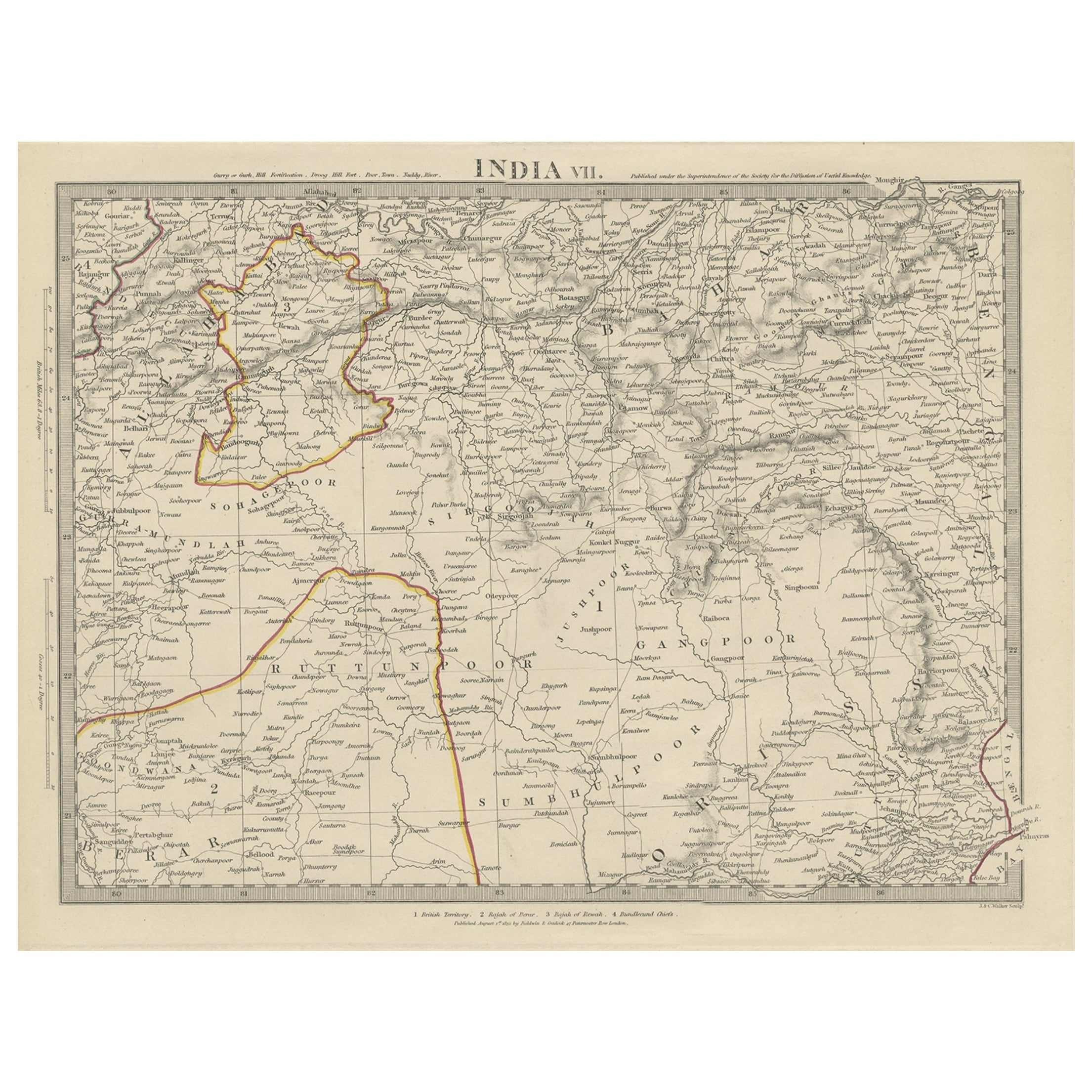 Antike Karte der Region Berar und Rewah in Indien, 1832