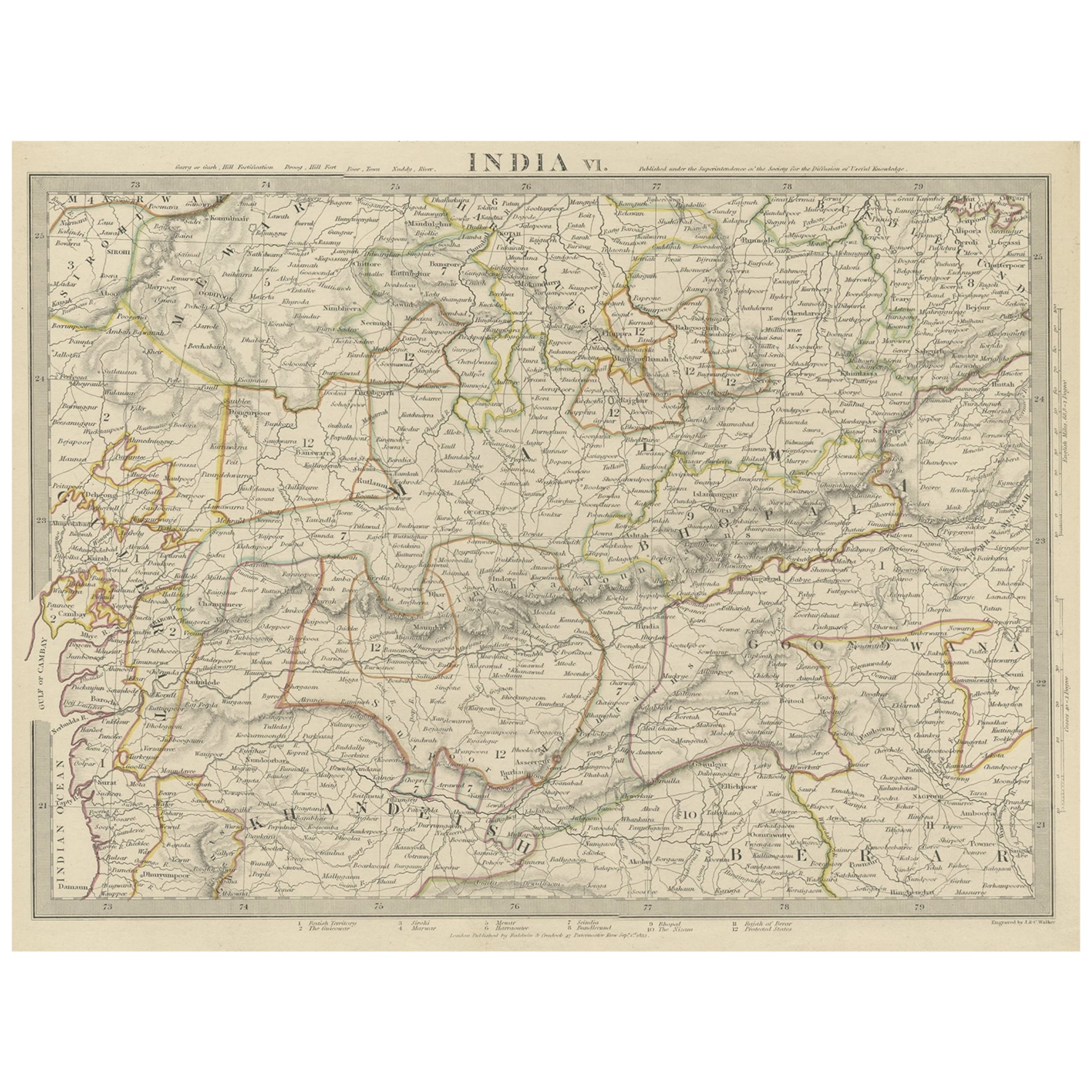 Detailed Antique Map of the Region of Malwa in India, 1833 For Sale