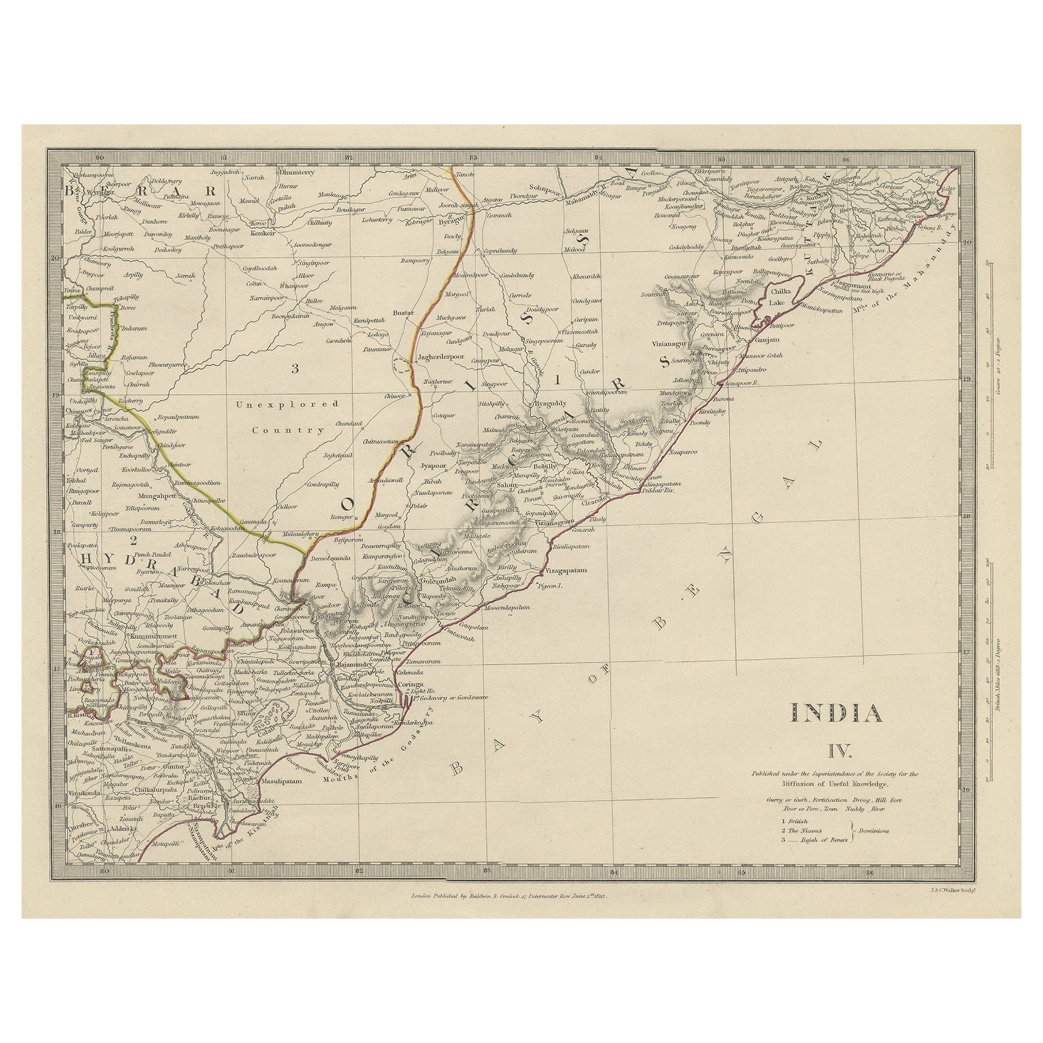 Interesting Detailed Antique Map of Eastern India, 1832