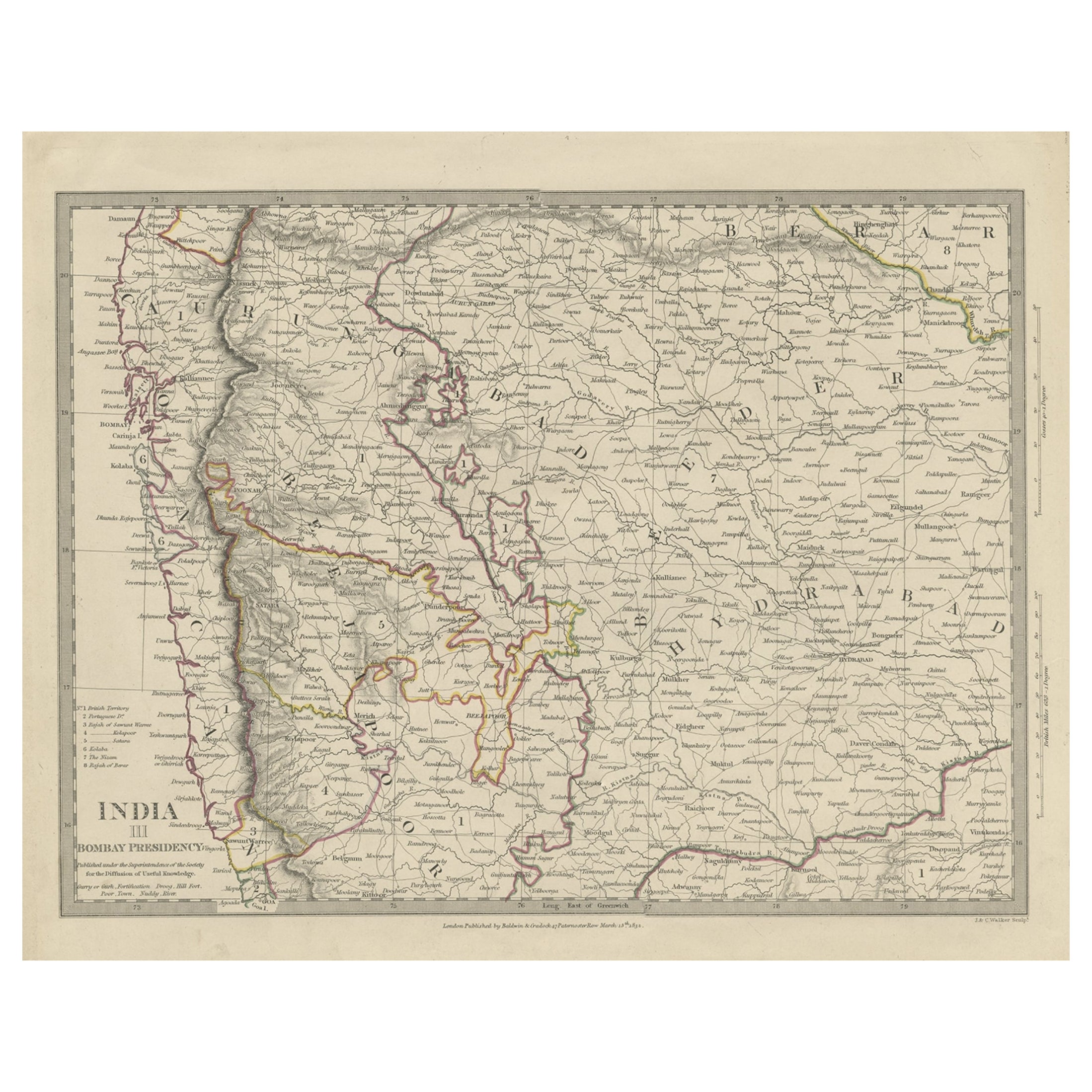 Antique Map of Part of the Bombay Presidency in India, 1831 For Sale