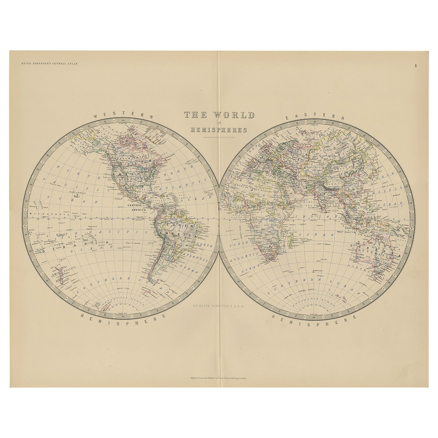 Antike Weltkarte von Johnston, 1882