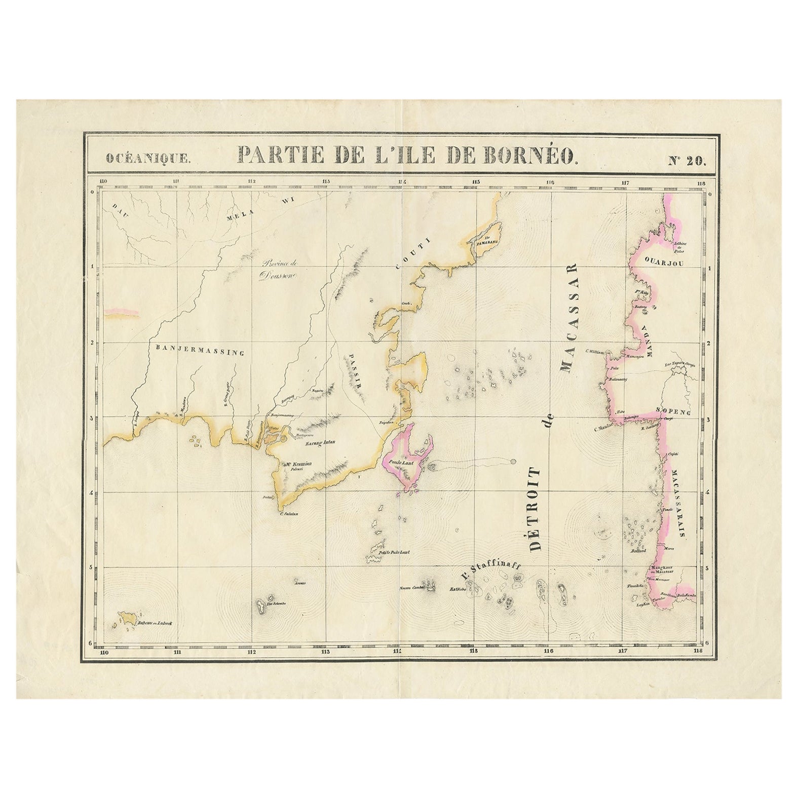 Detaillierte antike Karte einer Portion von Borneo und Sulawesi in Indonesien, um 1825