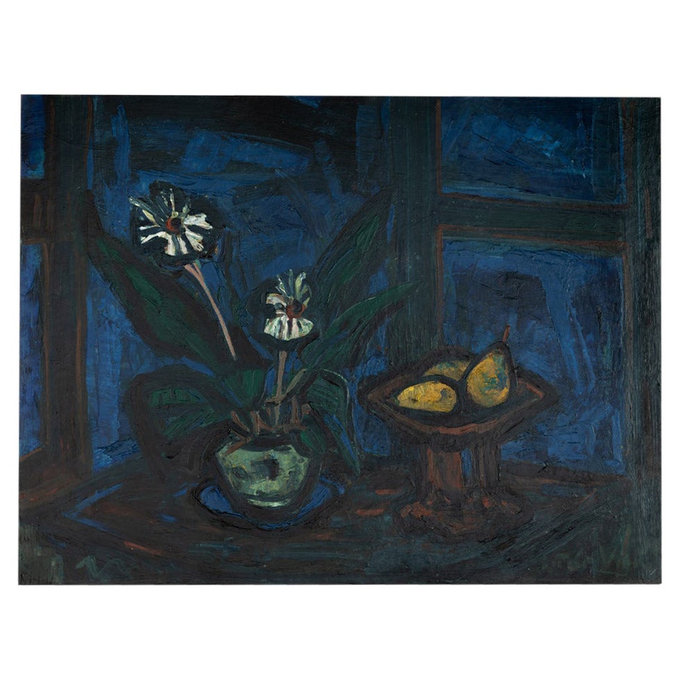 Nature morte bleue de l'heure, huile sur carton rigide, art déco