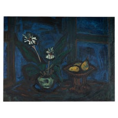 Nature morte bleue de l'heure, huile sur carton rigide, art déco