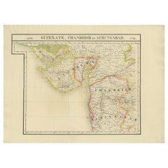 Detaillierte antike Karte der Region Gujarat und Mumbai in Indien, um 1825