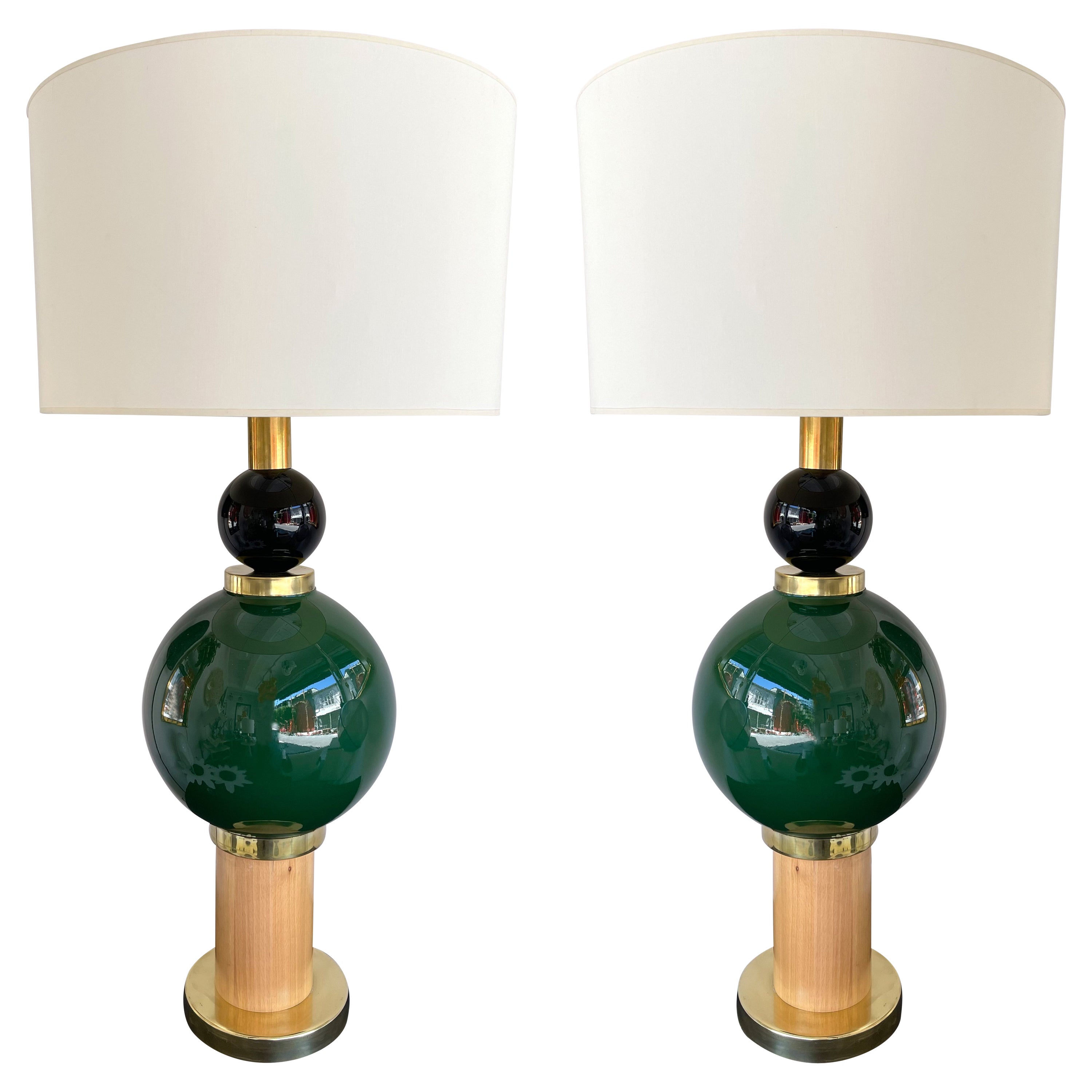 Contemporary Pair of Brass Murano Glass and Wood Lamps, Italy