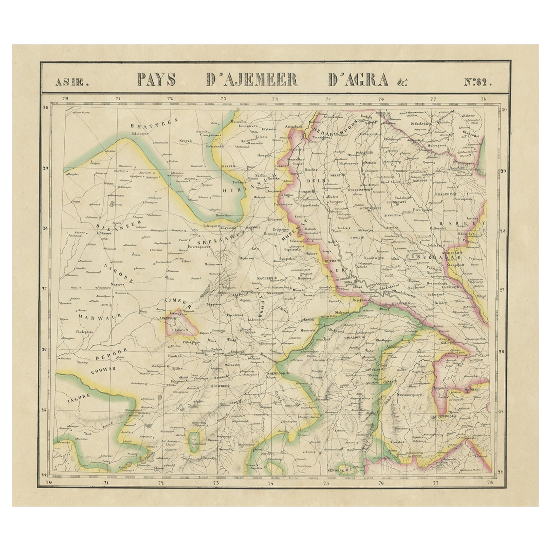 Große und seltene antike Karte Nordindiens in Originalfarbe, um 1825