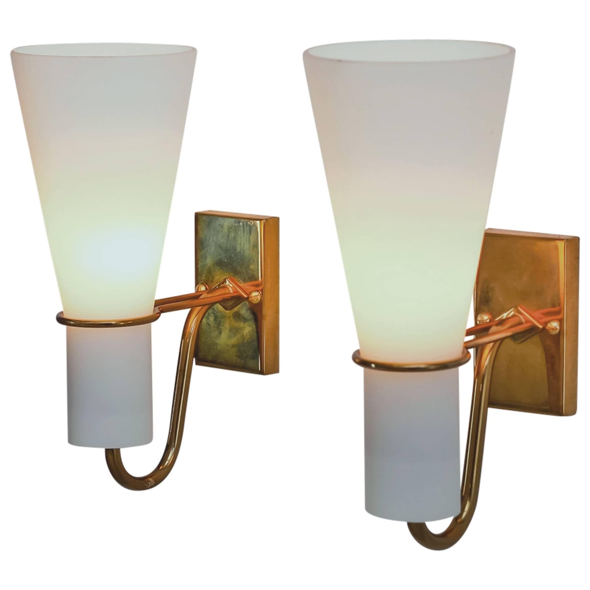 Asea brass and opaline glass bedside wall lamps, Sweden, 1950s