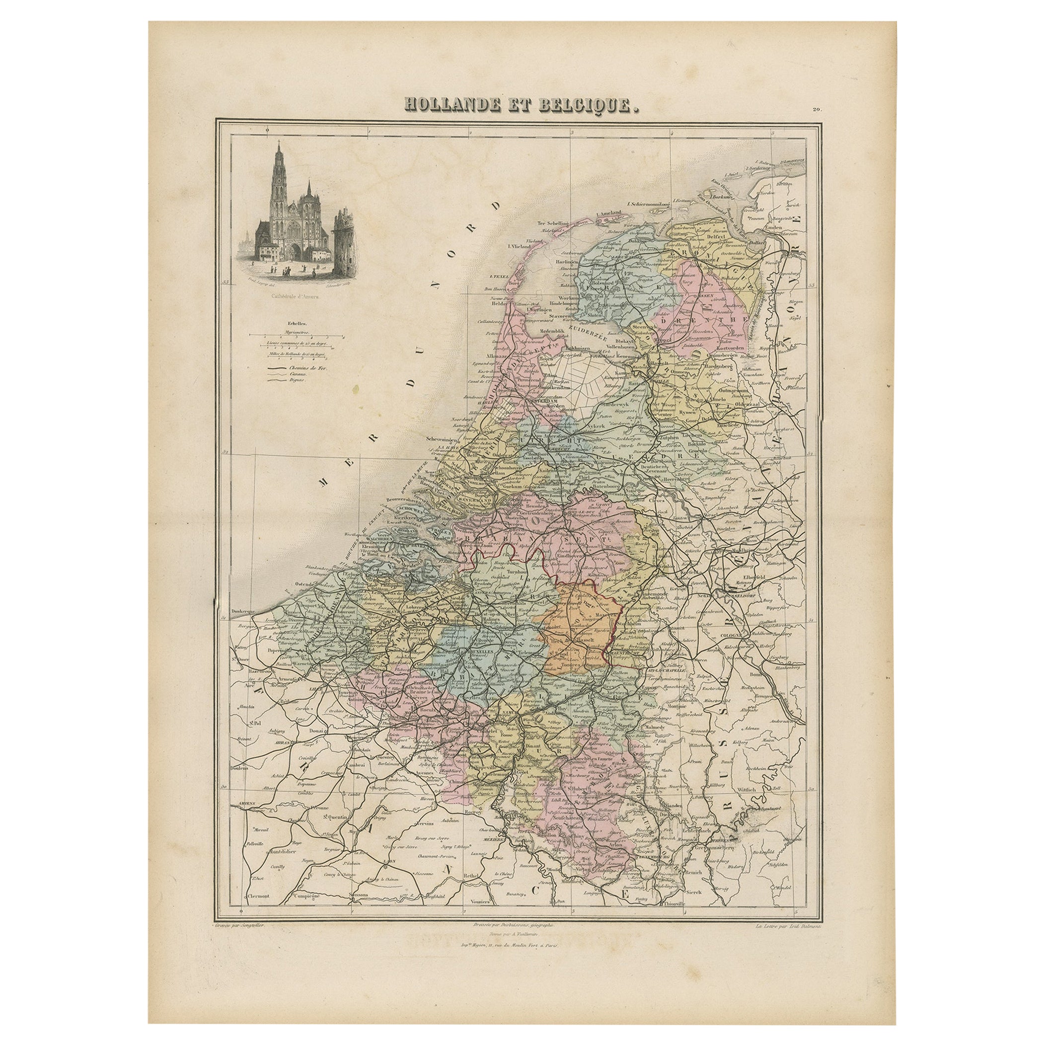 Antique Map of the Netherlands and Belgium, circa 1880 For Sale