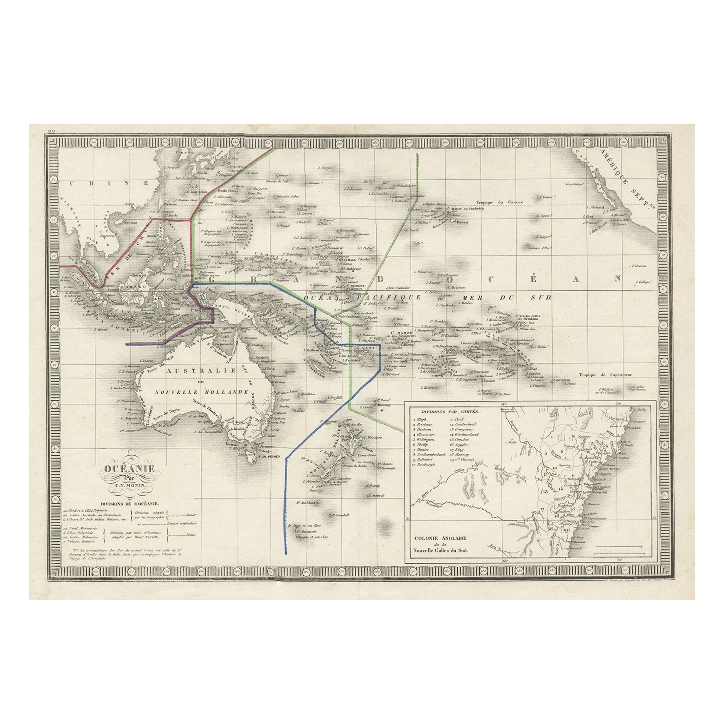 French Antique Map of Oceania with Details of the Australian Colonies, c.1840 For Sale