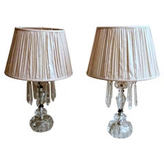 Louis XVI Style Pair Of English Crystal Lamps With Shantung Silk Shade
