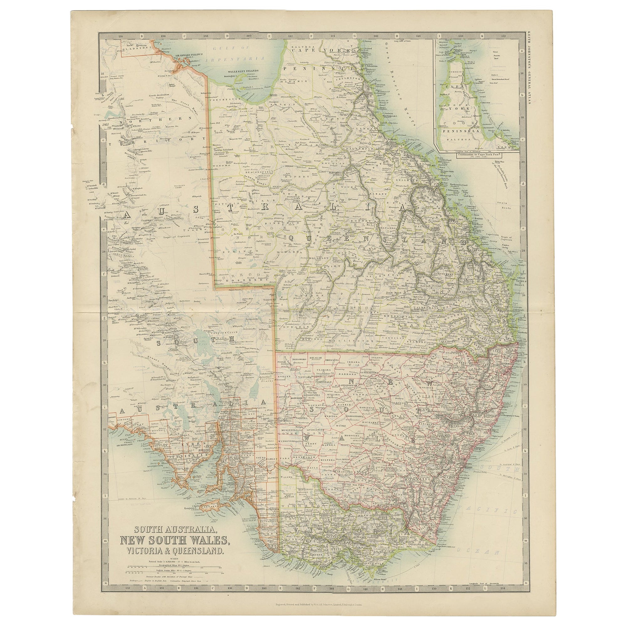 Antique Detailed Map of New South Wales, Queensland & Victoria, Australia, 1865 For Sale