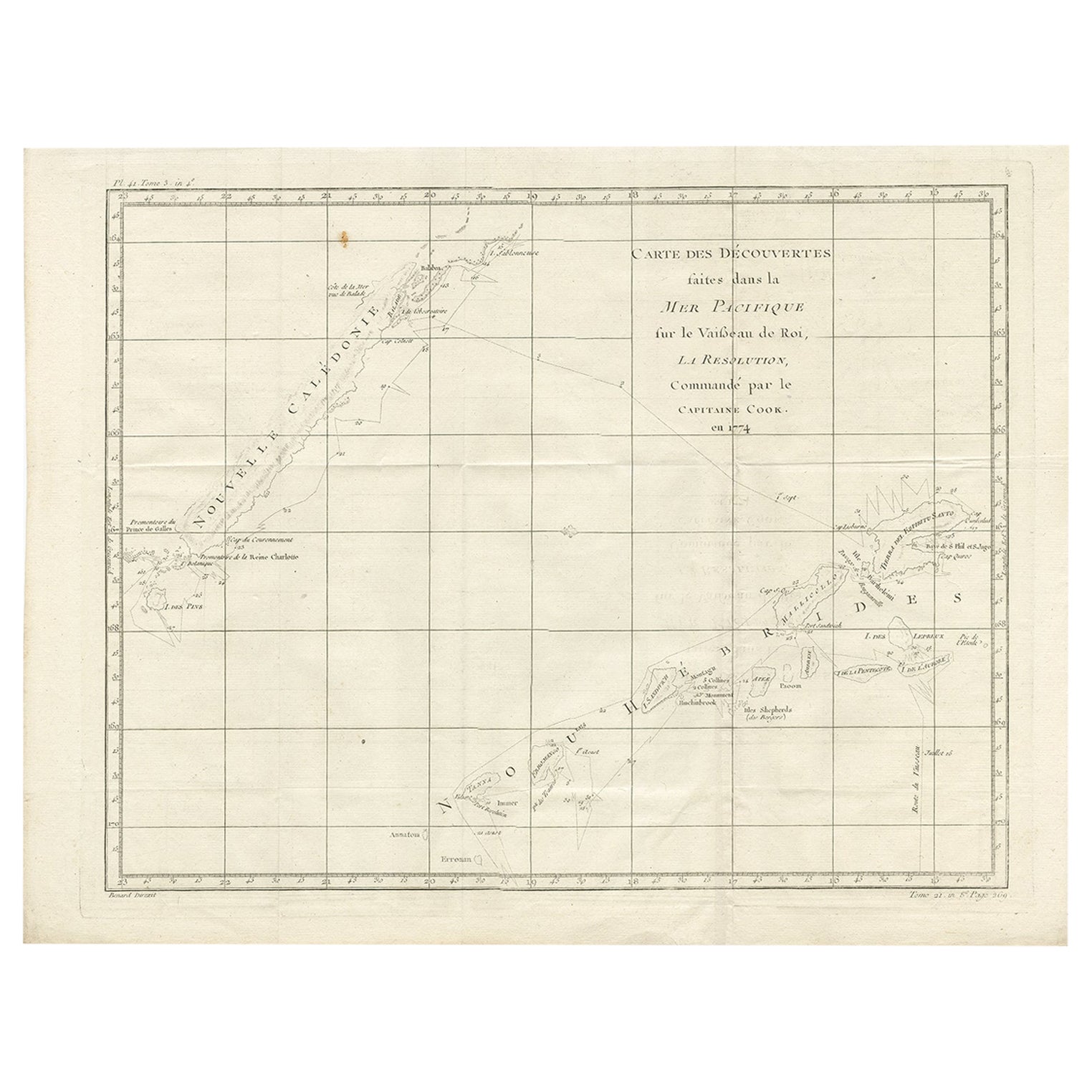 Carta antigua del viaje del capitán Cook por Benard, 1780