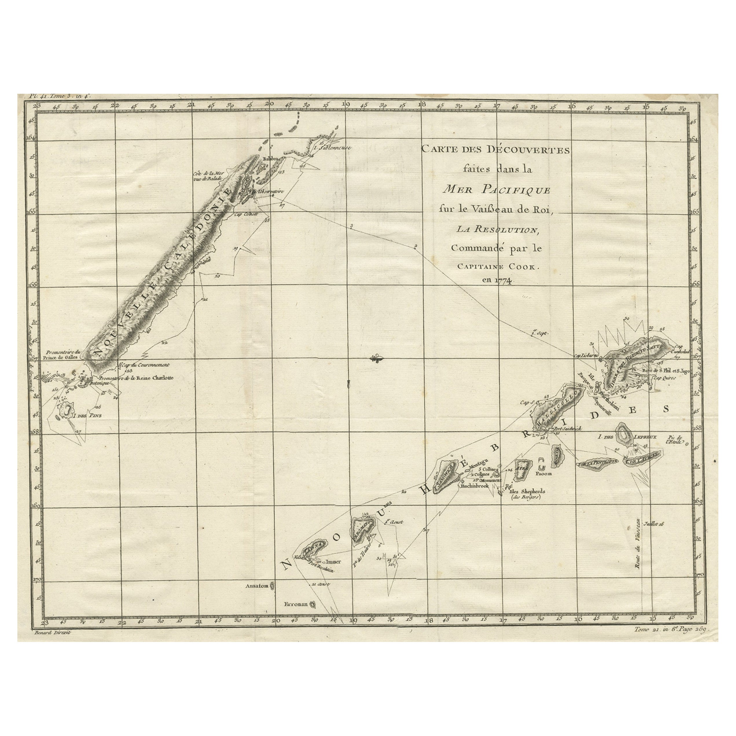 Old Engraving of the Track of the Resolution Captain Cook in the Pacific, 1780 For Sale