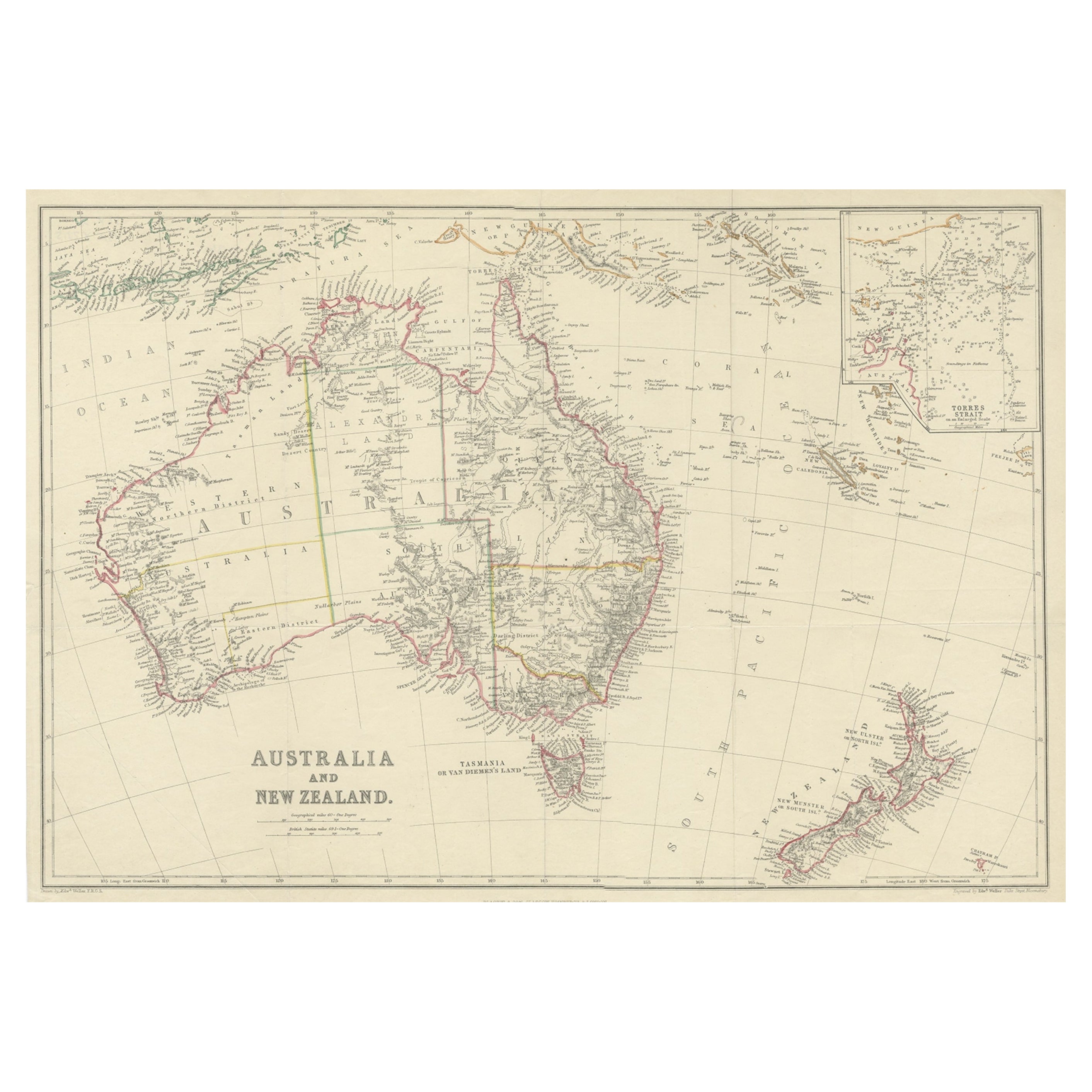 Carte ancienne d'Australie et de Nouvelle-Zélande, vers 1860