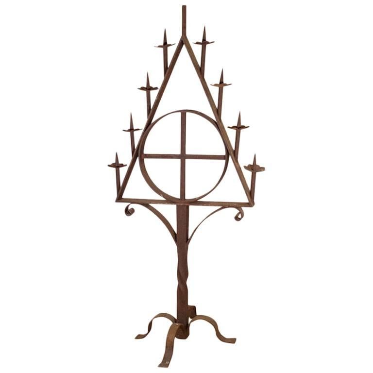 Large French Wrought Iron Triangular Wrought Iron Candelabrum