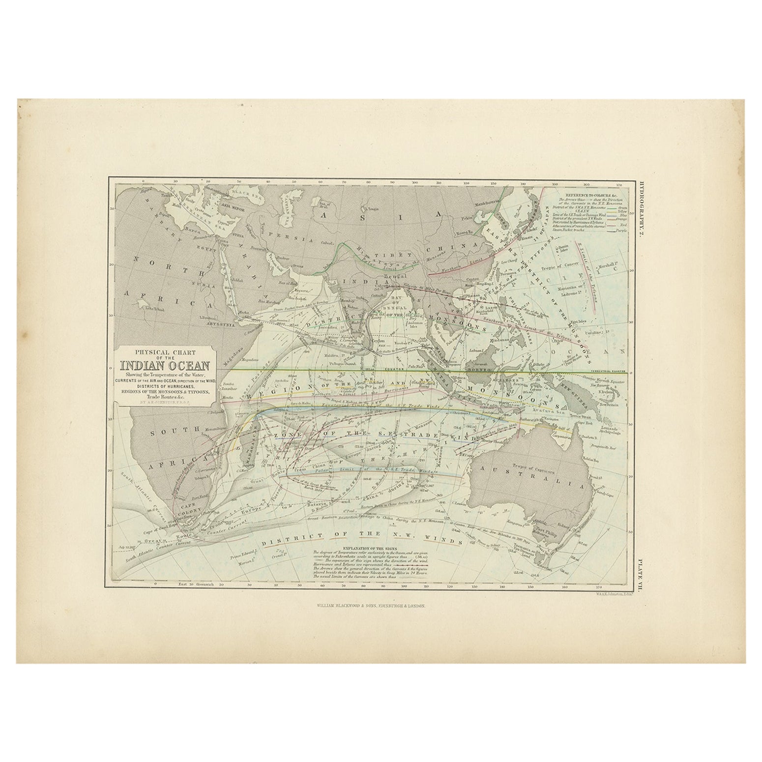 Antike physische Karte des Indischen Ozeans von Johnston, 1850 im Angebot