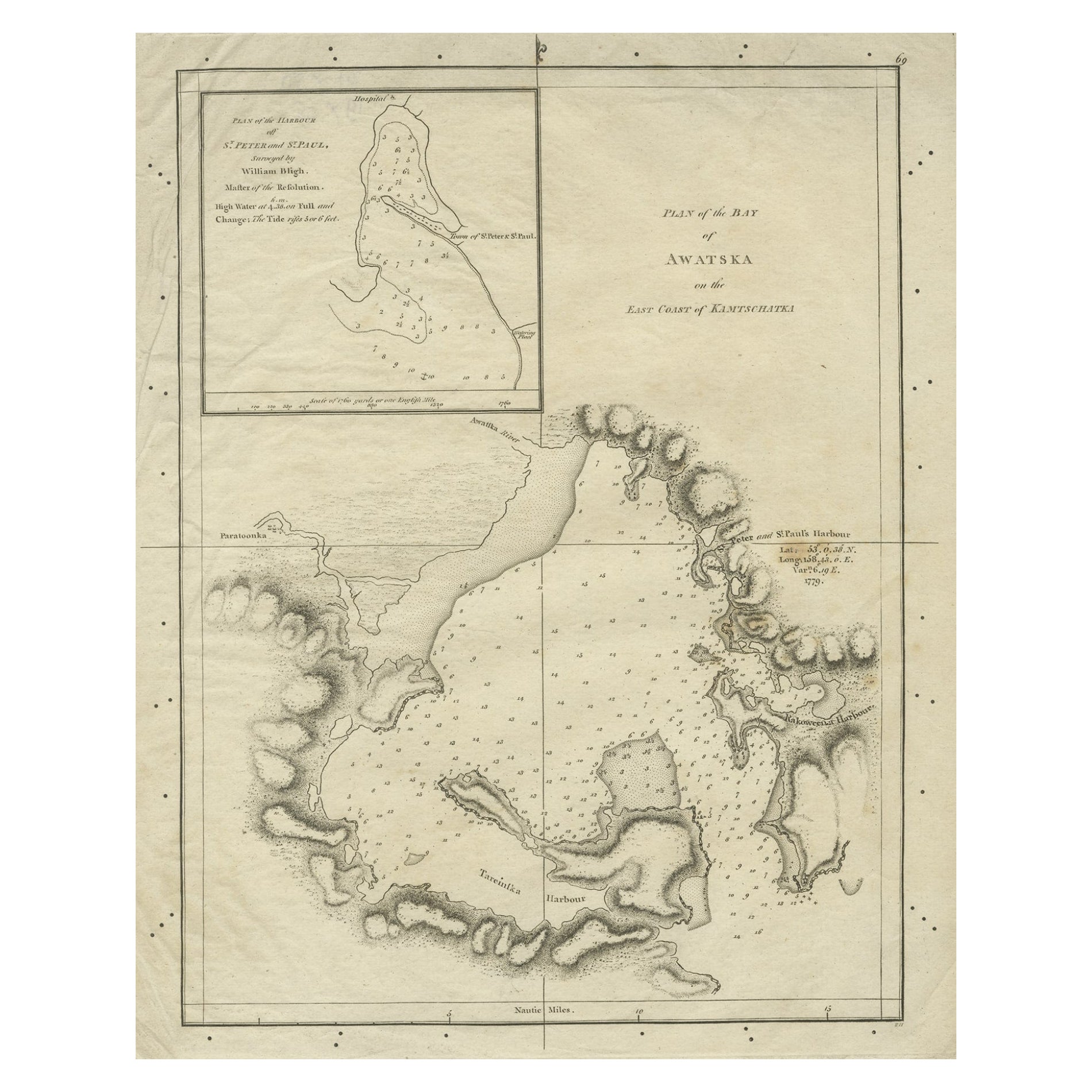Ancienne carte de la baie d'Awatska sur la côte de la péninsule de Kamchatka, Russie, par Cook, 1784