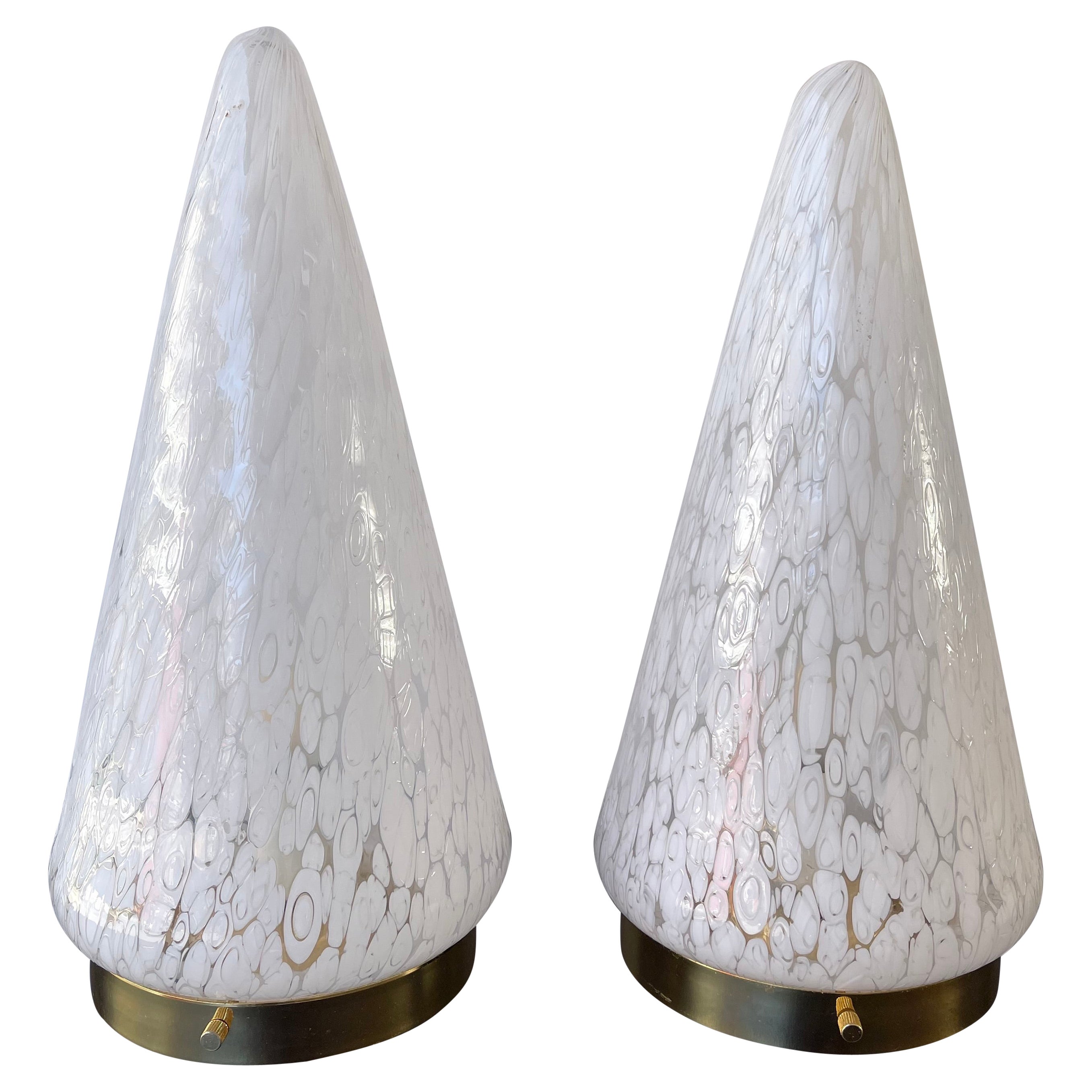 Pair of Cone Lamps Murano Glass and Brass by Esperia. Italy, 1970s For Sale