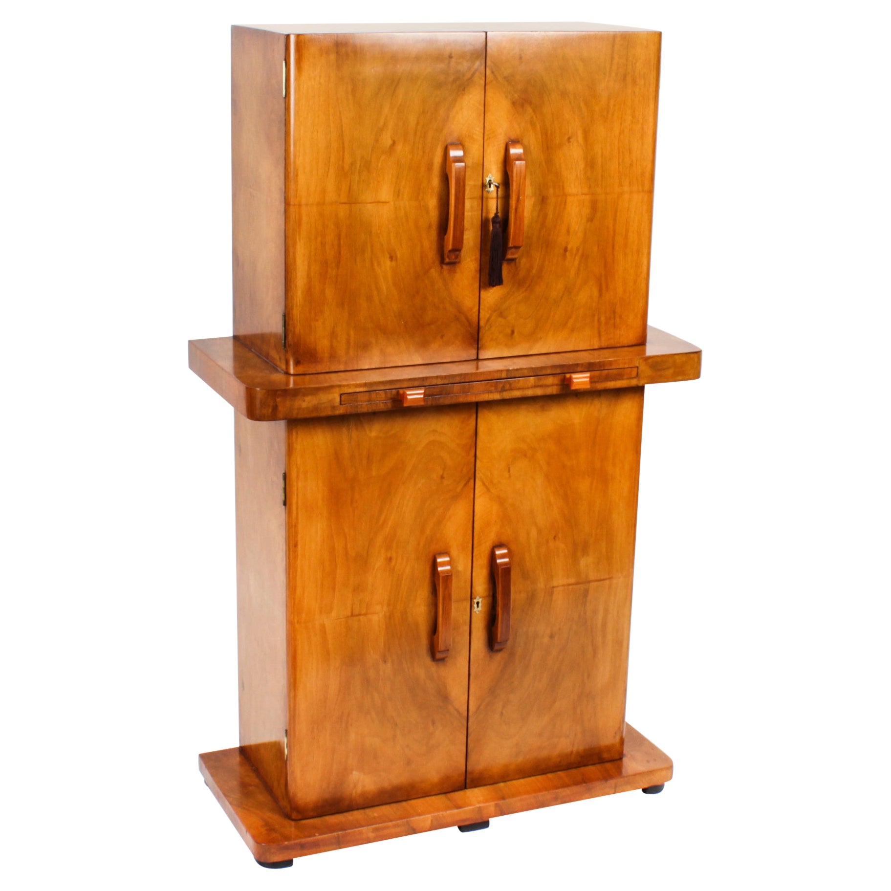 Antiquité Art Deco Arte Antiques Manner Burr Walnut Cocktail Cabinet Dry Bar 1920s