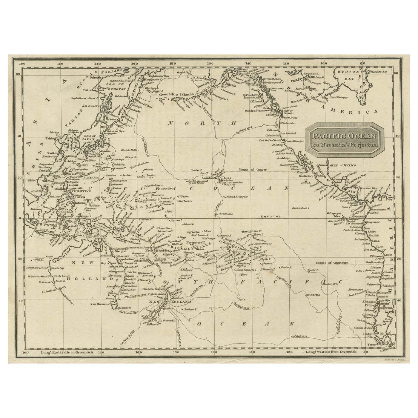 Captain Cook Map Poster Antique Map of Captain Cook's Voyages, 1824 For Sale at 1stDibs