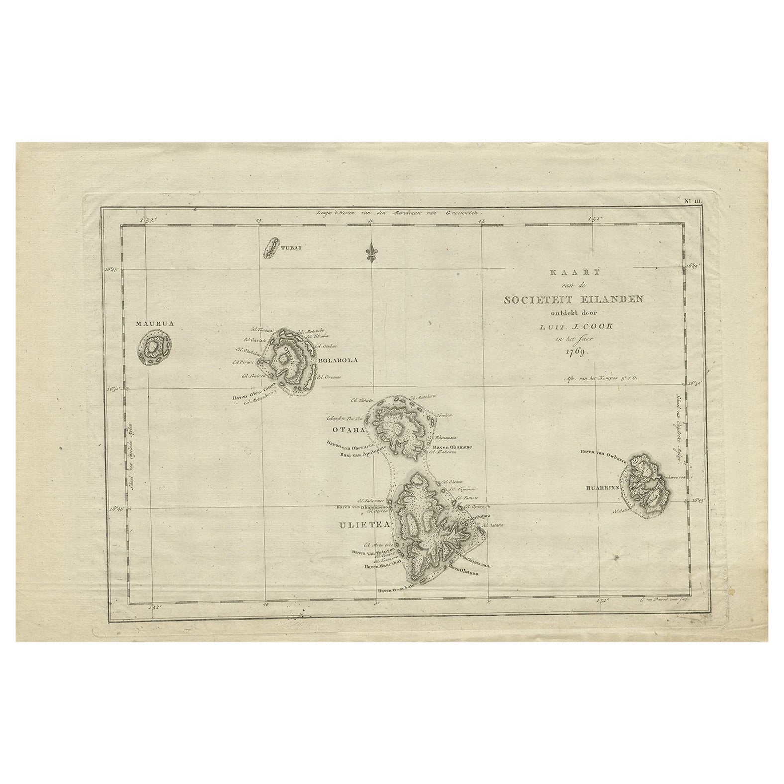Antique Map of the Society Islands by Cook, 1803