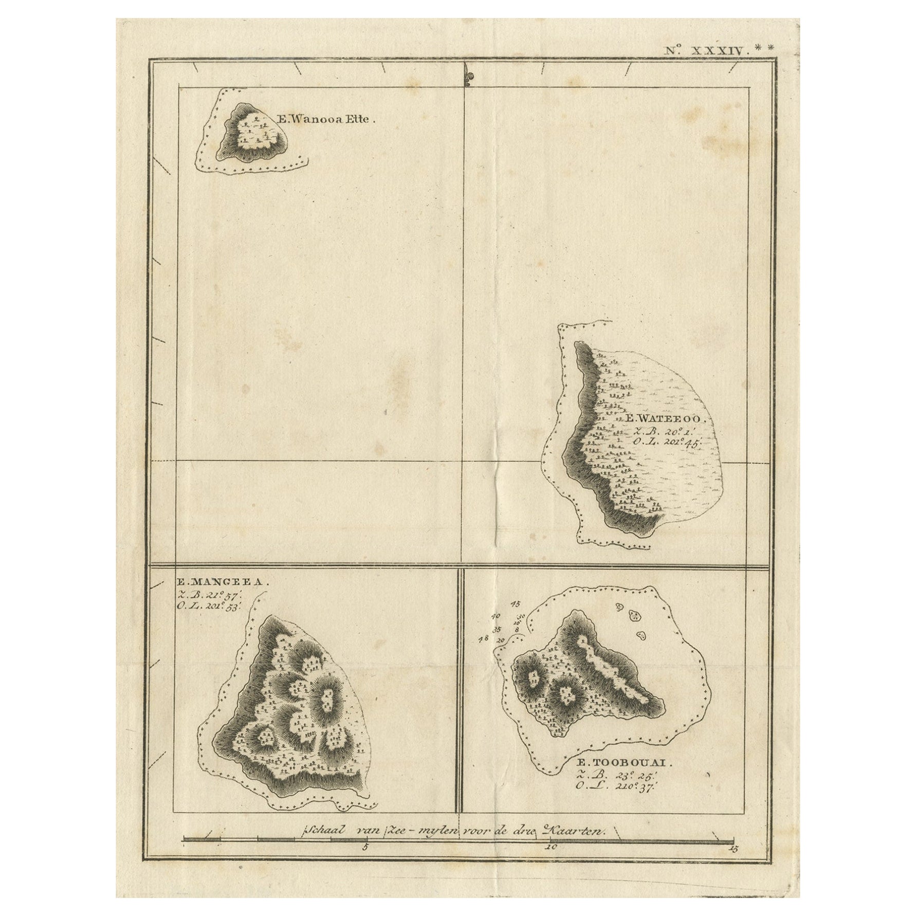 Antique Engraving of the Islands Wanooa, Wateeoo, Mangeea, Toobouai, Cook, 1803