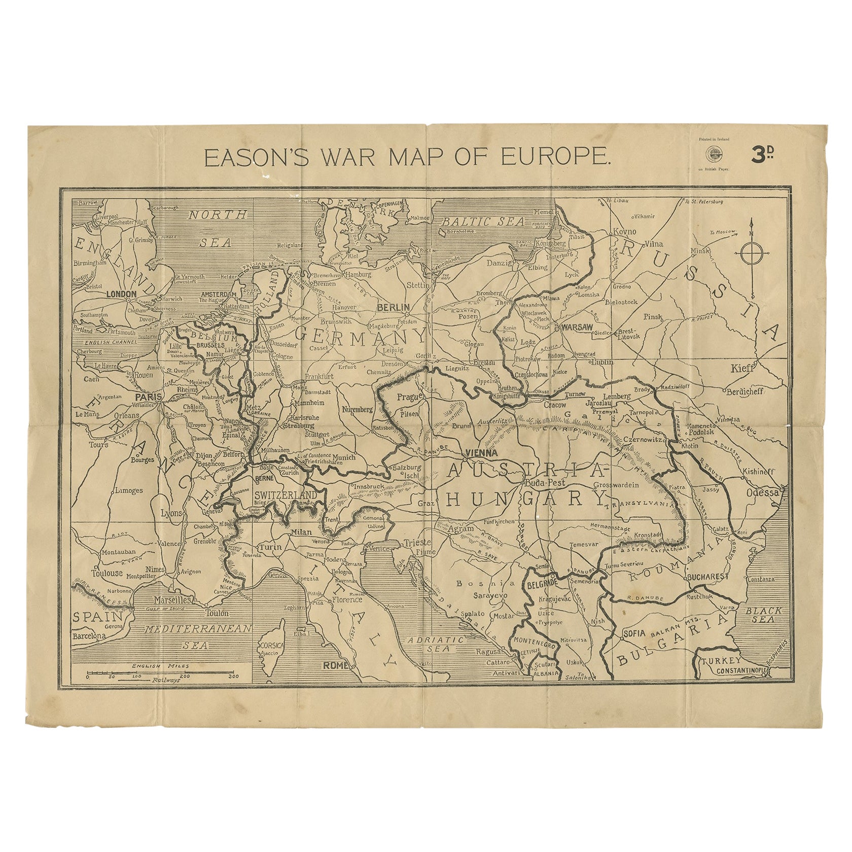 Eason's War Map of Europe, circa 1914 For Sale